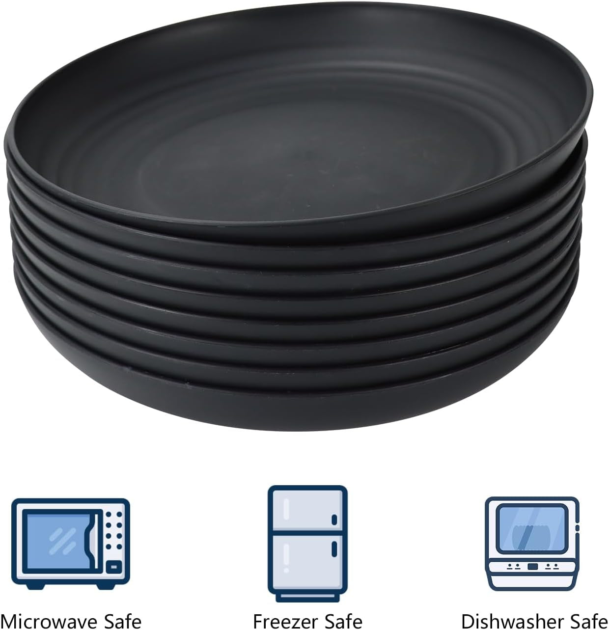 Wheat Straw Deep Dinner Set of 8 - Eco-Friendly, Microwave & Dishwasher Safe, Unbreakable Plates for Kids - Black, 9 Inch