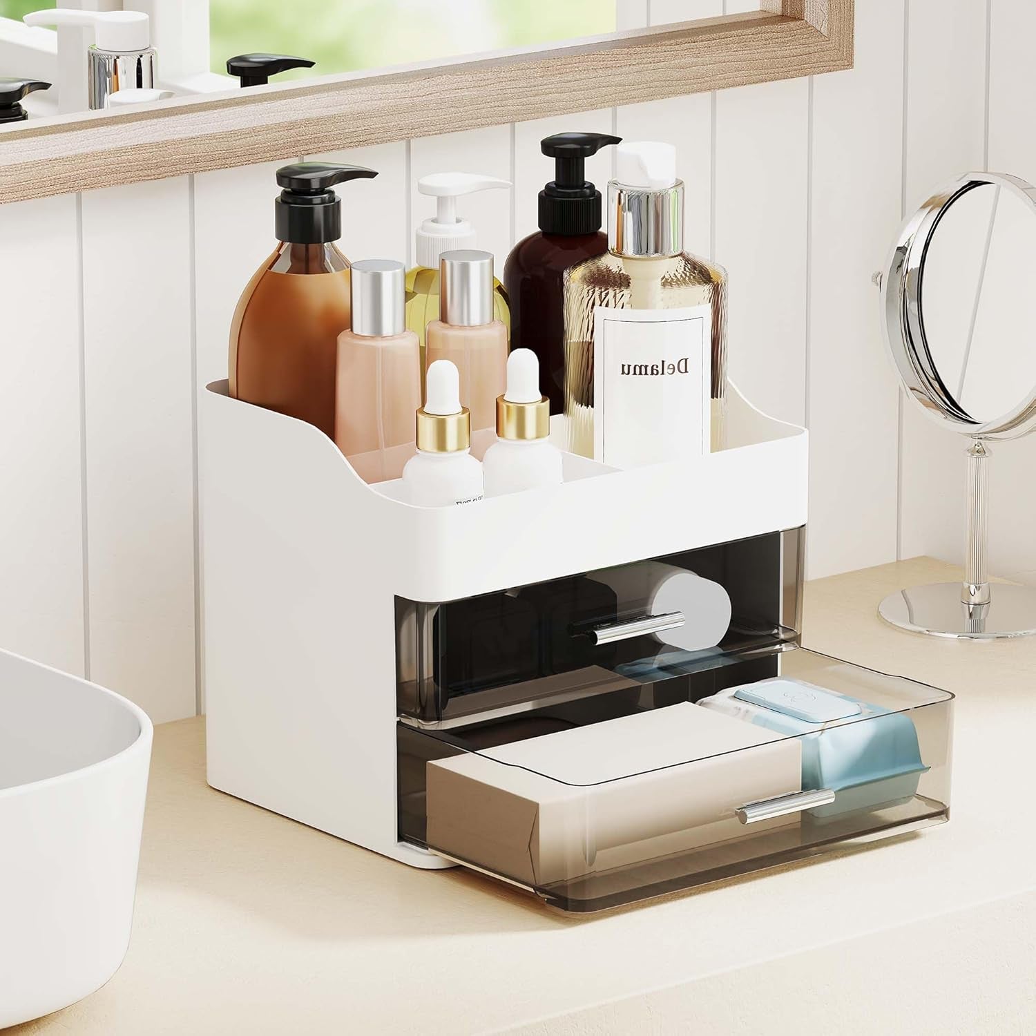 Makeup Organizer Countertop, 3-Tier Large Capacity Bathroom Counter Organizer with 2 Clear Drawers for Easy Access, Ideal for Makeup, Skincare, Lipsticks, Office Supplies, Present, Etc, White