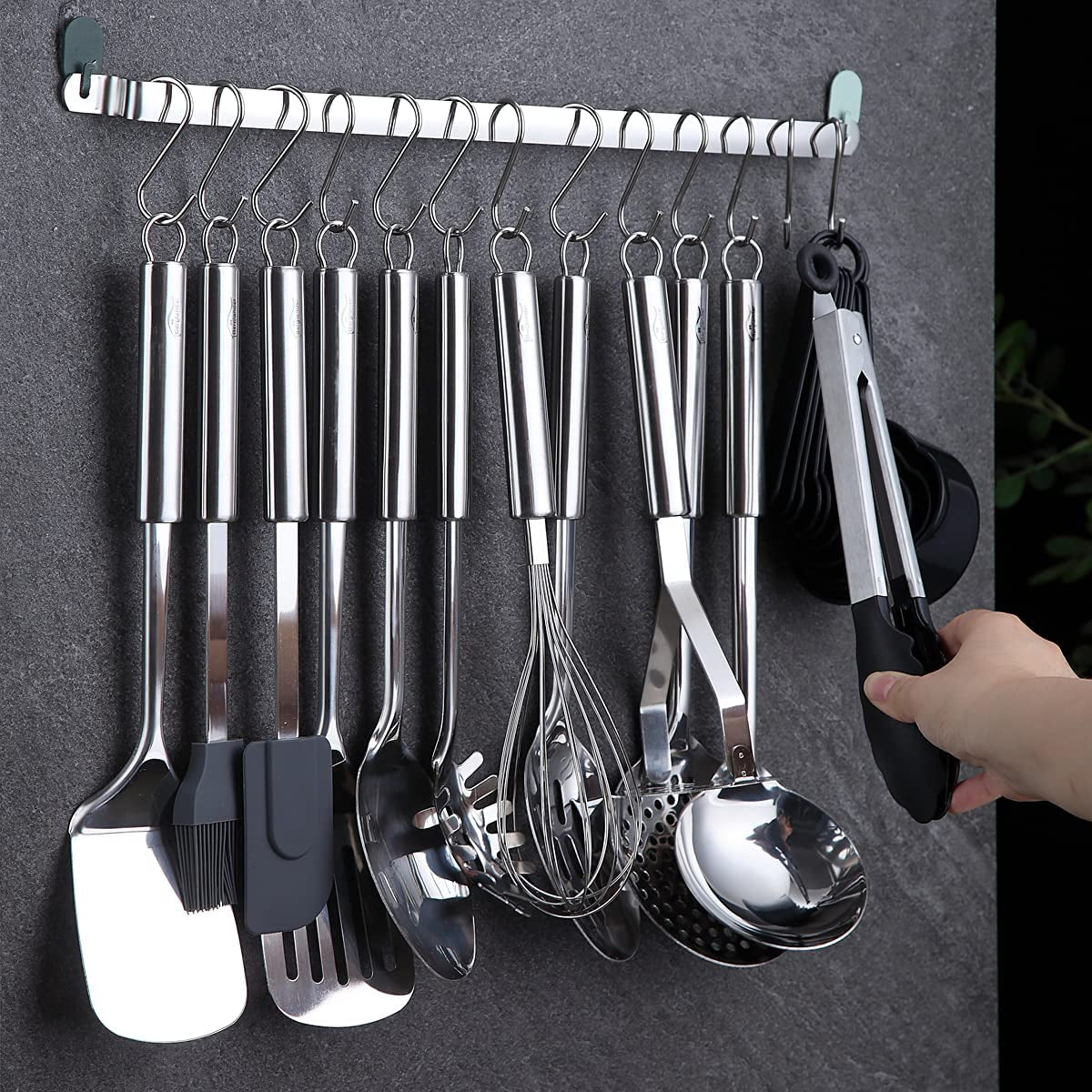 38-Piece Stainless Steel Kitchen Utensils Set with Holder Rack and Hooks, Dishwasher Safe Cooking Tools