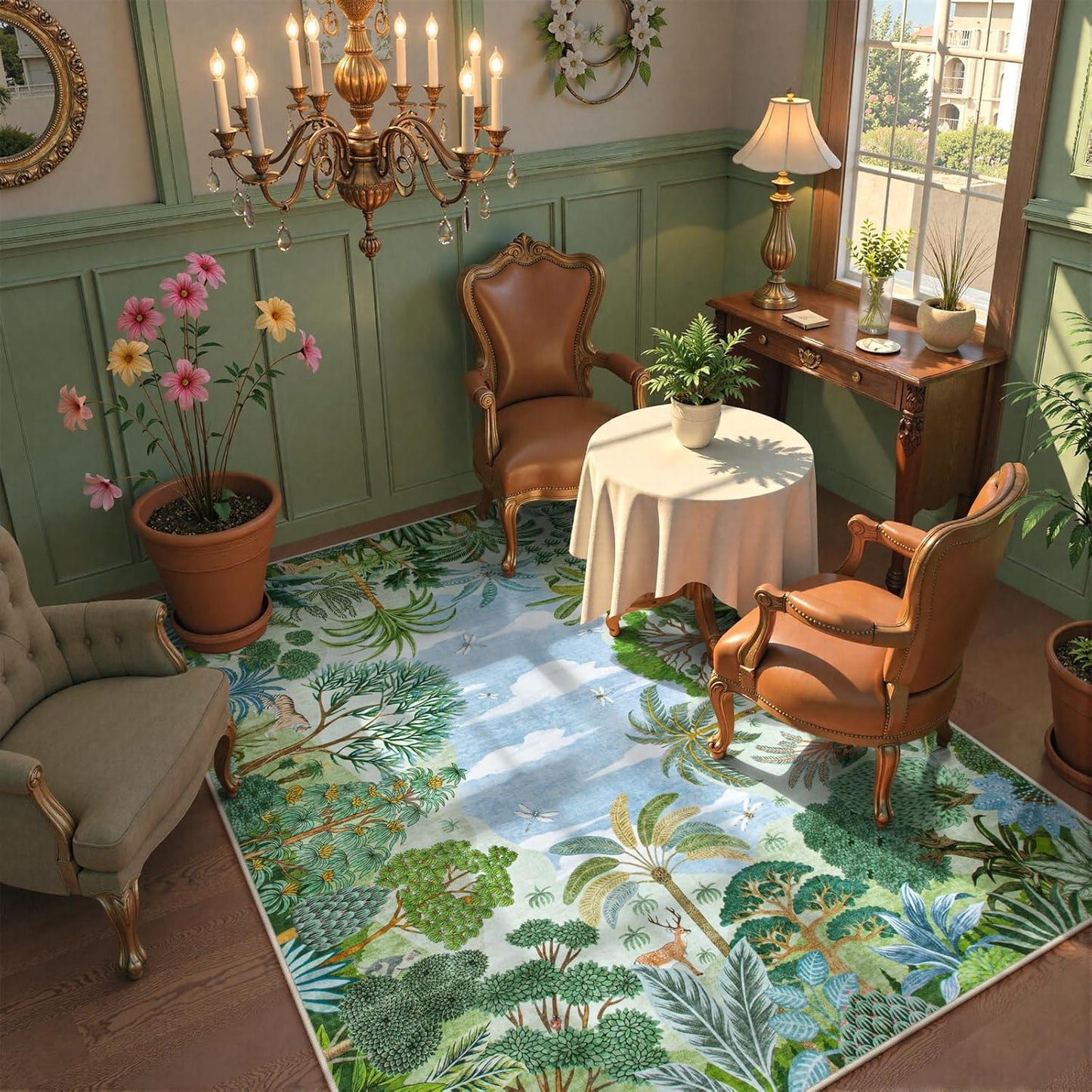 Summer Jungle Rug, Washable Rugs 5X7 for Bedroom, Green Forest Soft Carpet for Living Room, Summer Season Non Slip Non Shedding Dining Room Carpet for under Table Classroom Entryway