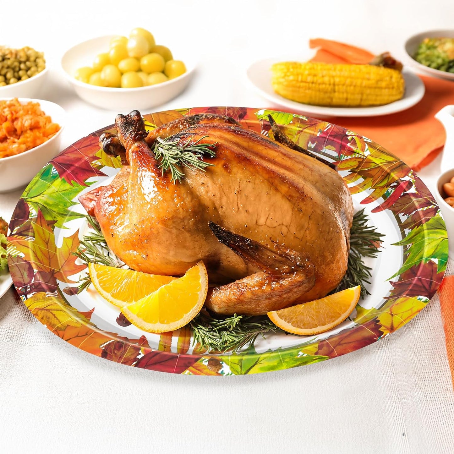 50 Pcs Thanksgiving Plates, 12.2 × 10.2 Inches Oval Thanksgiving Paper Plates, Maple Designs Disposable Fall Dinnerware, Heavy Duty Autumn Platters for Harvest Party Supplies Decorations