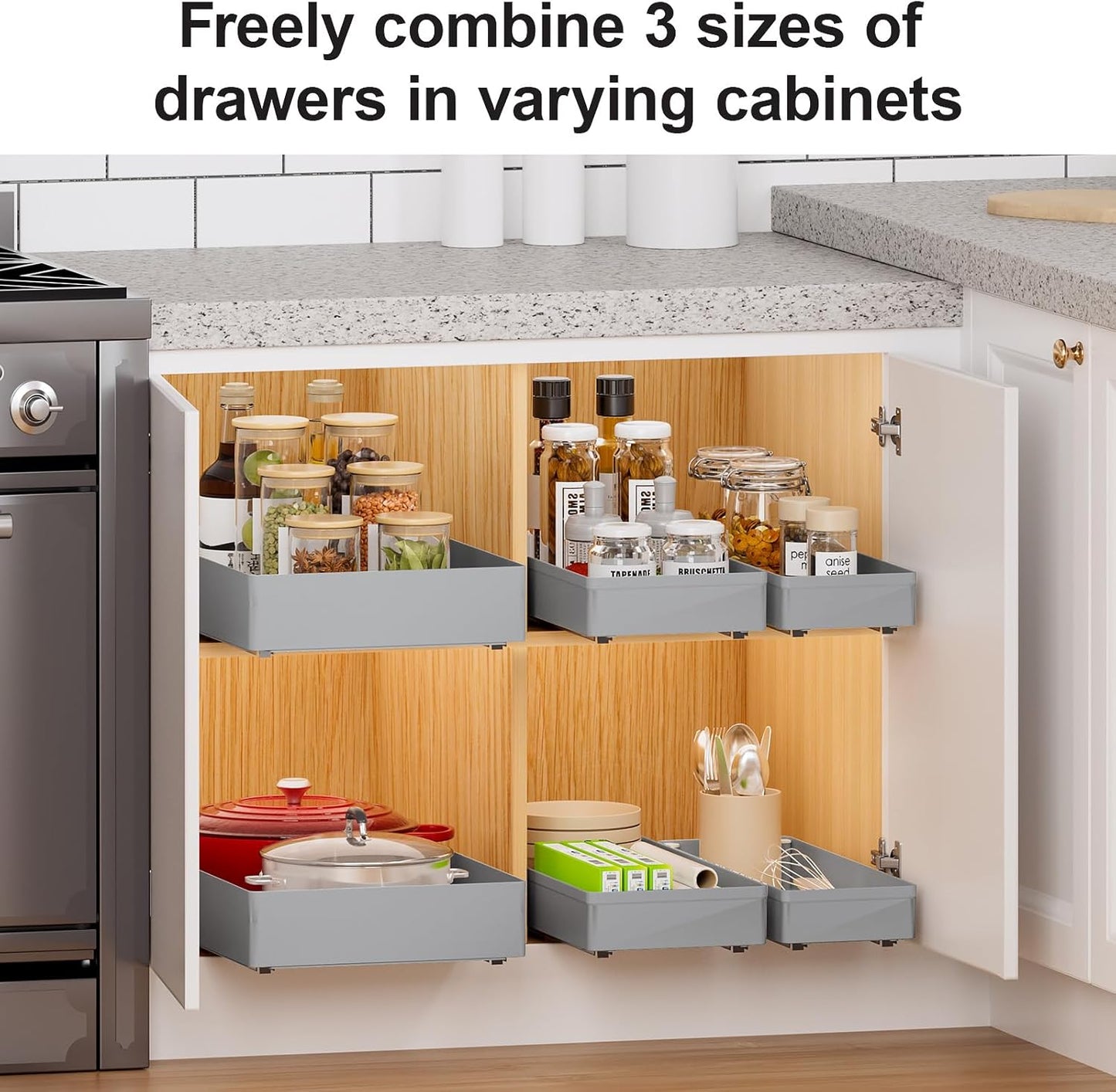 3 Pack Pull Out Cabinet Organizer, 15.7" Deep Pull Out Drawers for Cabinets, Slide Out Drawers for Kitchen Cabinets, Bathroom Cabinet Organizer, Pantry (Grey)
