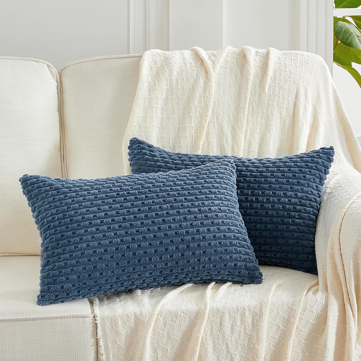 2 Packs Dusty Blue Decorative Throw Pillow Covers 12X20 Inch for Couch Bed Sofa, Modern Farmhouse Boho Home Decor, Soft Cute Plush Corduroy Cushion Case 30X50 CM