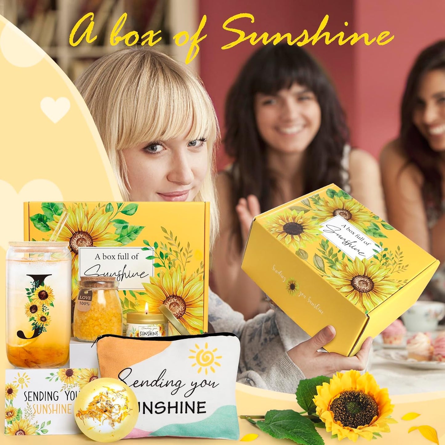 Sunflower Initial Gifts, Get Well Soon Gifts, Self Care Spa Birthday Gifts for Women Monogrammed Gifts, Sunshine Gift Baskets, Personalized Gifts, J