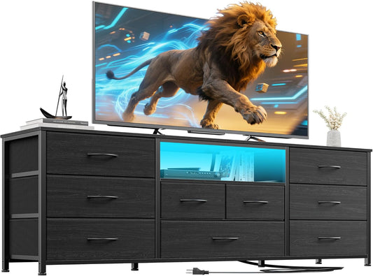 63-Inch TV Stand with Power Outlet and LED Lighting, 9-Drawer Dresser for Bedroom and Entertainment Center for 65"-75" TVs, Black Dresser with Fabric Storage Drawers for Closet Organization