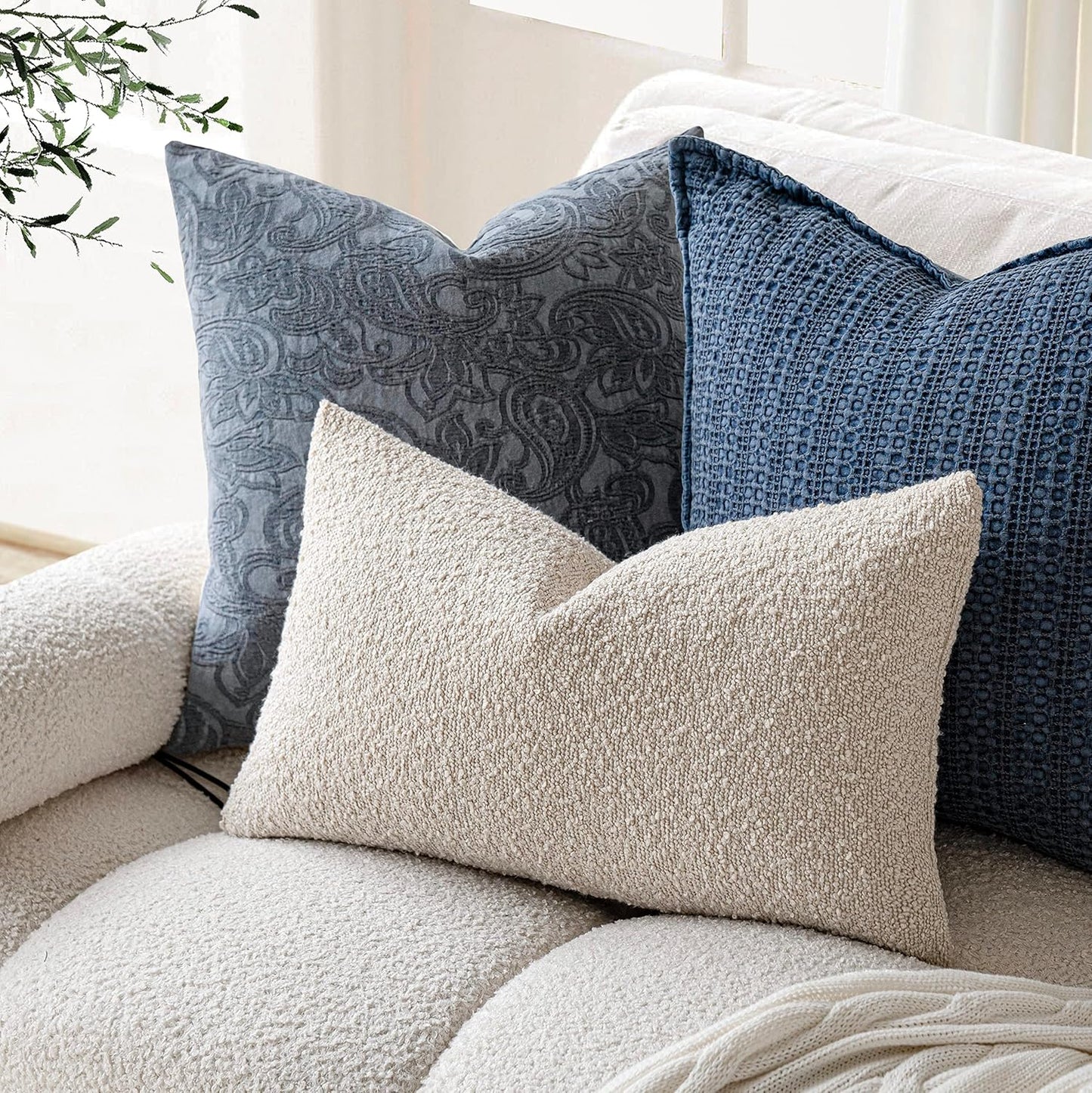 Pack of 2 Textured Boucle Throw Pillow Covers Accent Solid Lumbar Pillow Cases Cozy Soft Decorative Couch Cushion Case for Chair Sofa Bedroom Living Room Home Decor, 12 X 20 Inch,Beige