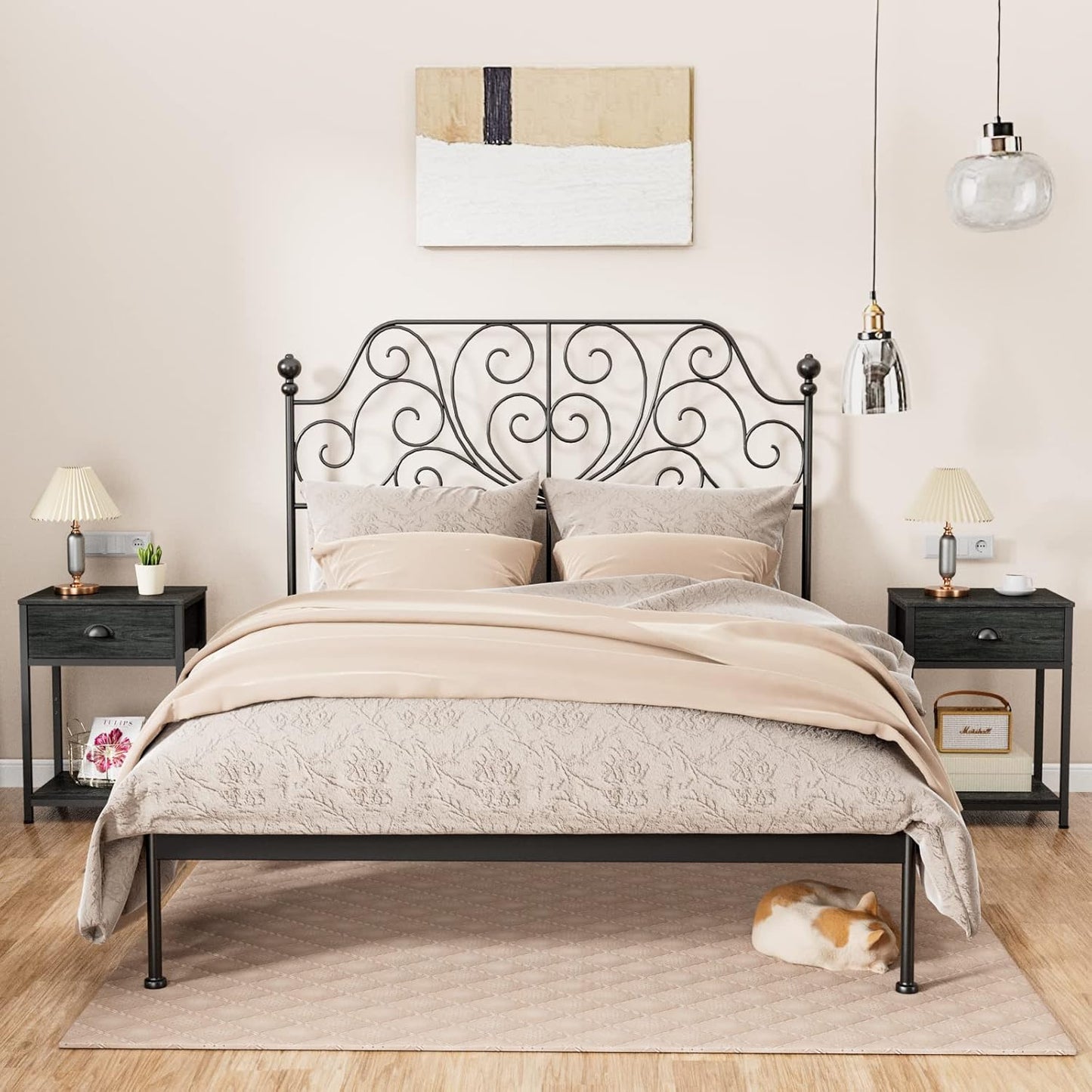 Nightstand with Fabric Drawer & Storage Shelf, Small Bedside Table Organizer for Small Space, 2 Tiers Industrial End Table, Side Table for Living Room, Bedroom, Black Oak