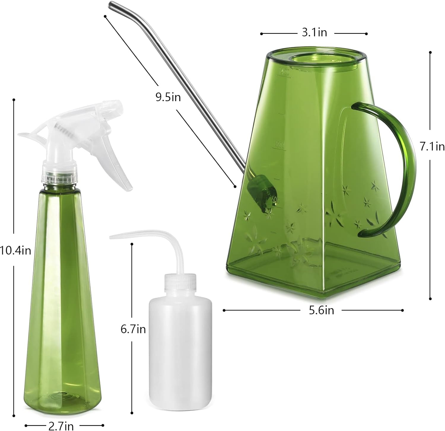 Indoor Plants Watering Can - Long Spout 47 Oz with Bonus 16 Oz Spray Bottle & 8.5 Oz Squeeze Bottle, Green