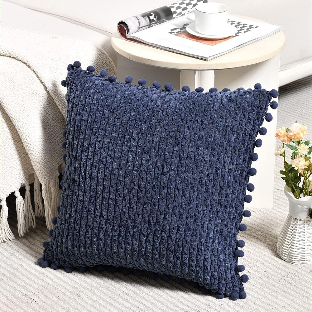 Set of 2 Navy Blue Decorative Throw Pillow Covers 18X18 Inch with Pom-Poms for Couch Bedroom Living Room, Modern Farmhouse Boho Home Decor, Soft Plush Corduroy Cute Cushion Case 45X45 Cm
