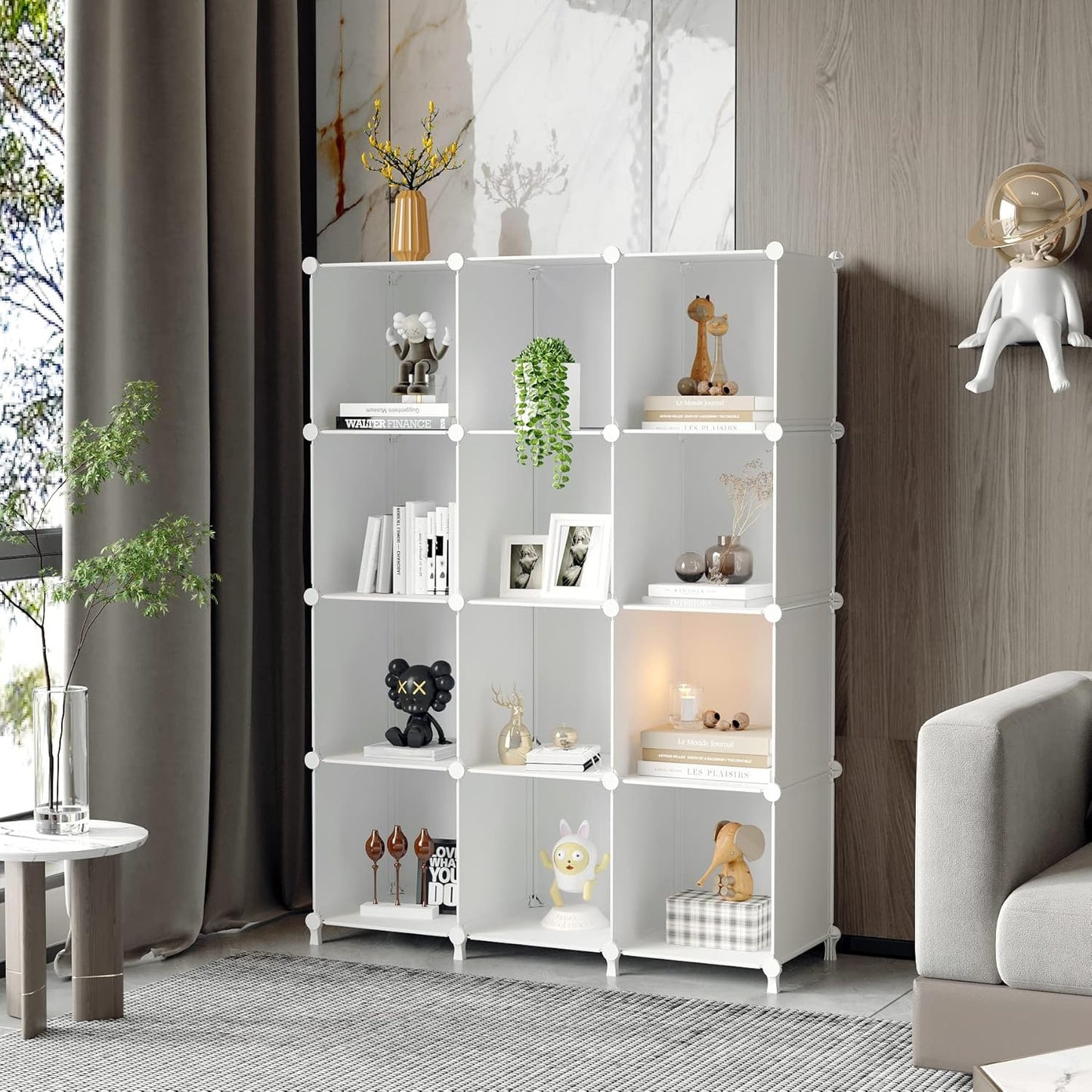 Cube Storage Organizer Storage 12 Cube Bookshelf DIY Plastic Closet Clothes Storage Shelves with Wooden Mallet, Stackable Storage Solution for Home, Bedroom, White