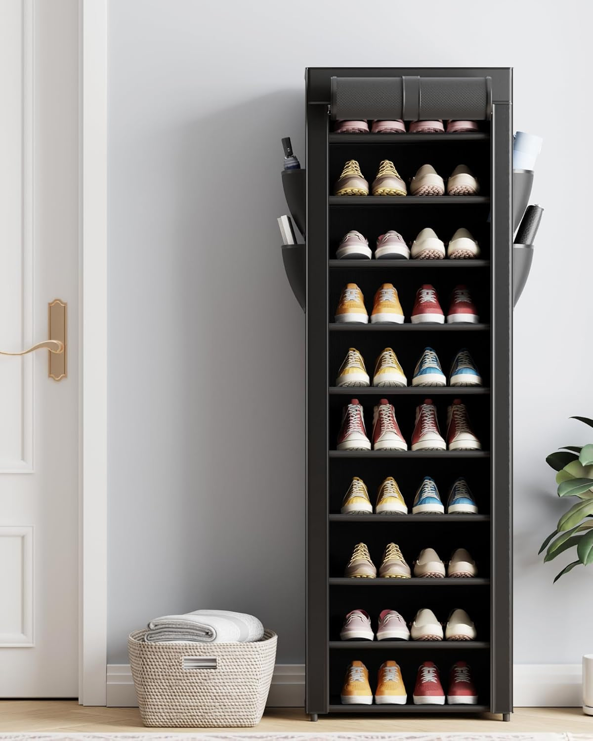 Shoe Rack - 10-Tier Large Capacity Shoe Organizer Shelf with Dust Cover & Side Pockets, Rust-Proof Metal Shoe Rack for Closet, Entrance, Living Room, 17.5" X 12.4" X 69.3", Black