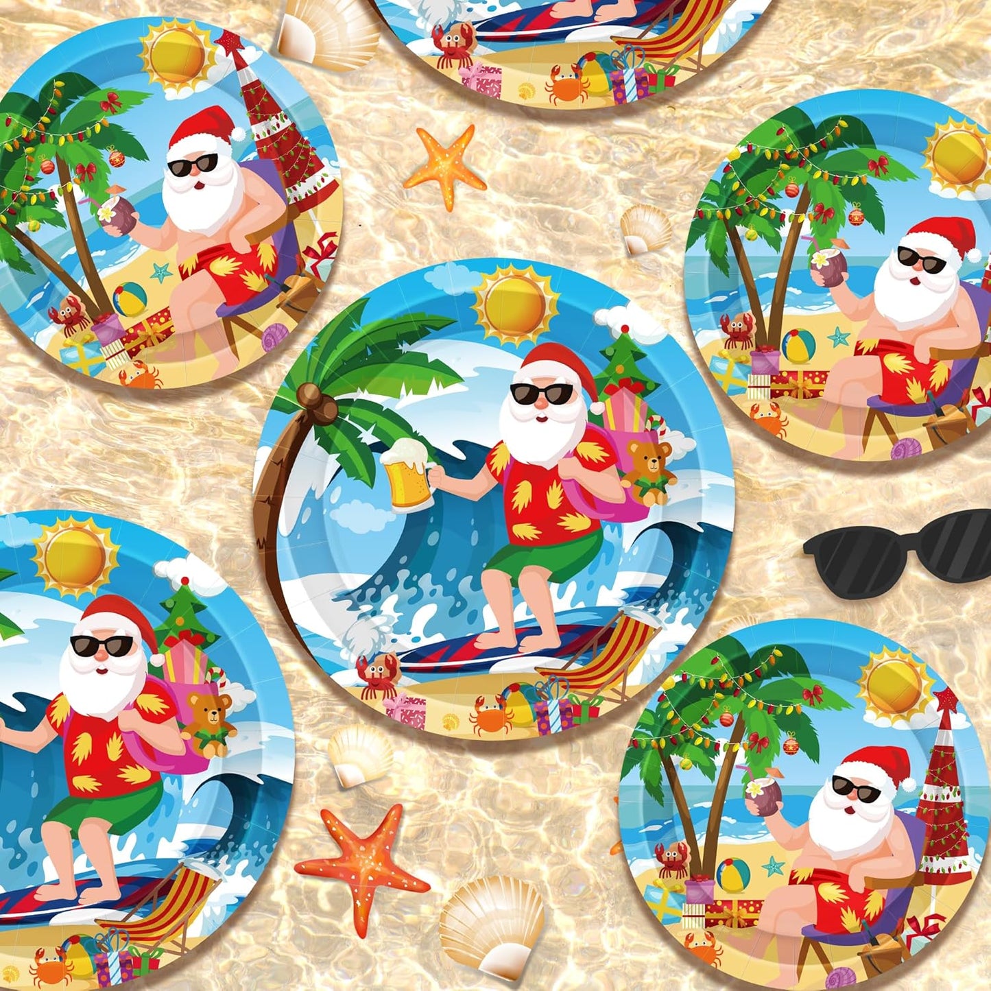 48Pcs Christmas in Summer Plates, Disposable 7 Inch and 9 Inch round Tableware Set, Xmas Tropical Holiday Decorations, Summer Christmas Paper Plates for July Christmas Beach Picnics Party