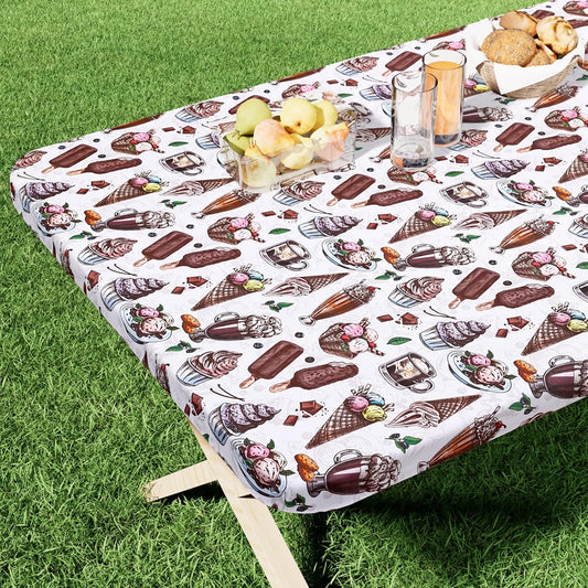 Rectangle Printed Fabric Tablecloth, Elastic Fitted Table Cloth for 6 Foot Table, Washable Polyester Table Cover for Outdoor, Picnic, Camping and Indoor, (Ice Cream, 30" X 72")