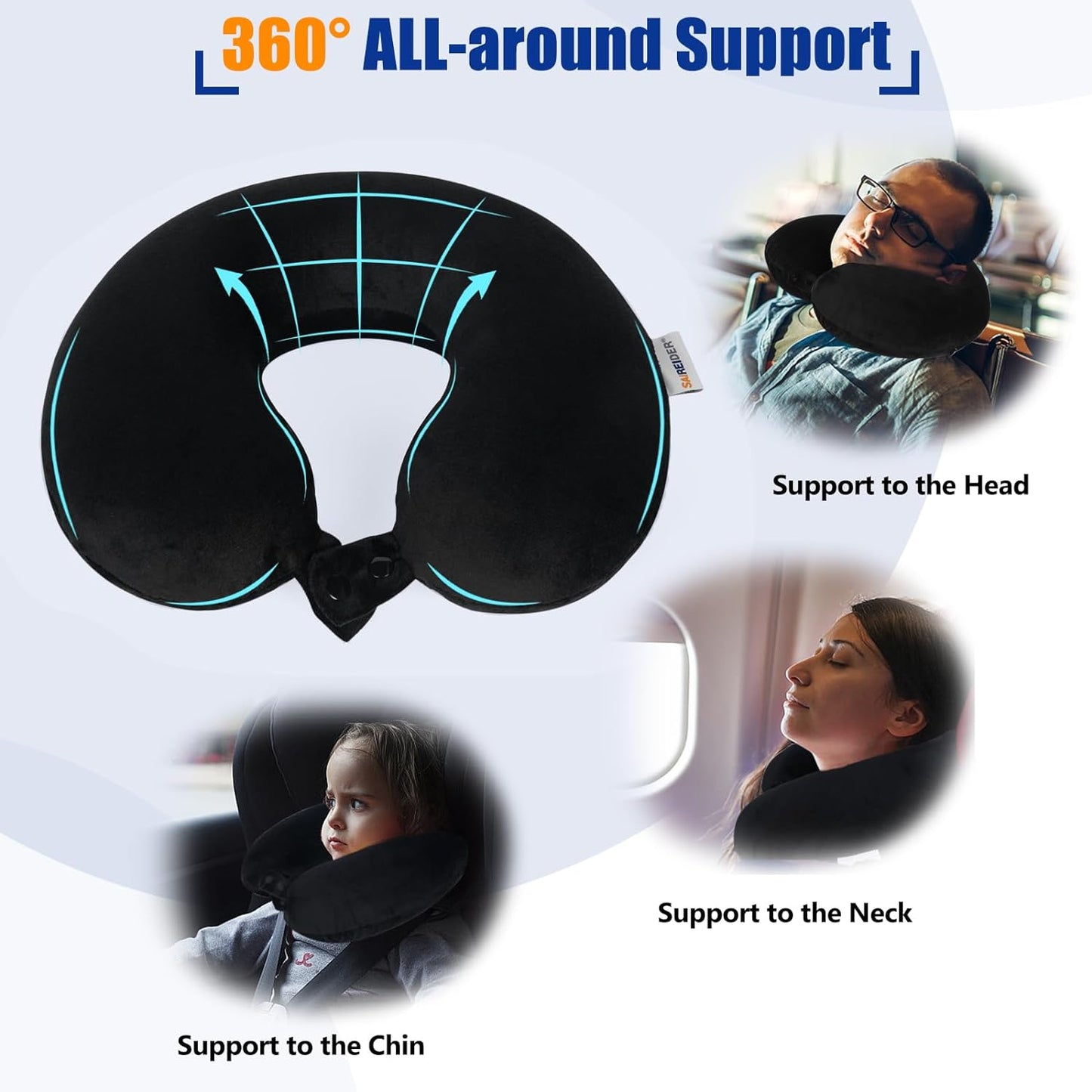 Travel Pillow 100% Pure Memory Foam Travel Neck Pillow, Airplane Pillow for Traveling、Car、Home、Office,Washable Cover(Black)