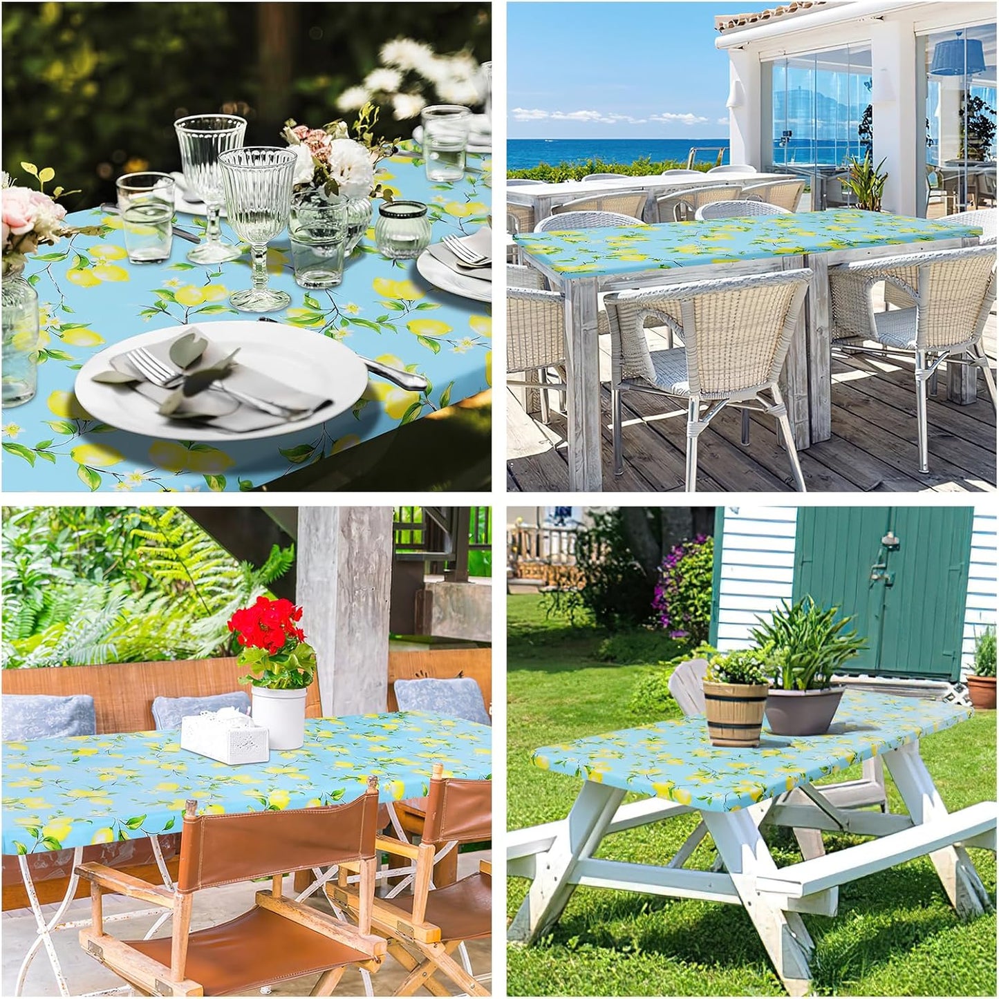 Rectangle Vinyl Tablecloth, Fitted Table Cover, 100% Waterproof, Elastic Edge, Flannel Backing, Plastic Table Cloth Fit 4 Foot Folding Tables for Picnic, Camping, Outdoor (Lemon, 24X48 Inch)