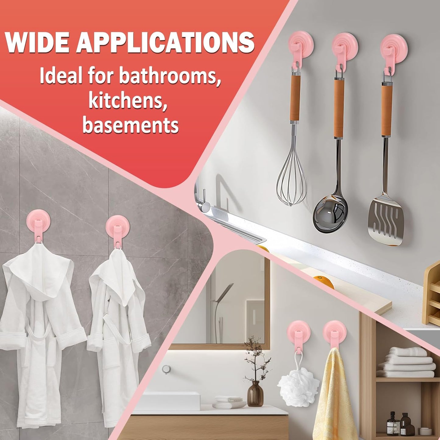 Suction Cup Hooks for Shower, Powerful Vacuum Shower Hook for Towel, Robe, Loofah - Reuseable and Removeable Bathroom Hook, Pink, 4 Pack
