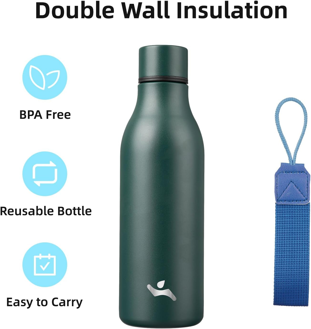 Insulated Water Bottle with Strap,18 Oz Double Wall Stainless Steel Vacuum Bottles Metal Water Flask,Army Green