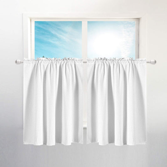 Waffle Weave Half Window Tier Curtains: Small Bathroom Window Curtains Waterproof with 36 Inch Length Short Length for Cafe & Kitchen - White, 36"X36" for Each Panel, Set of 2