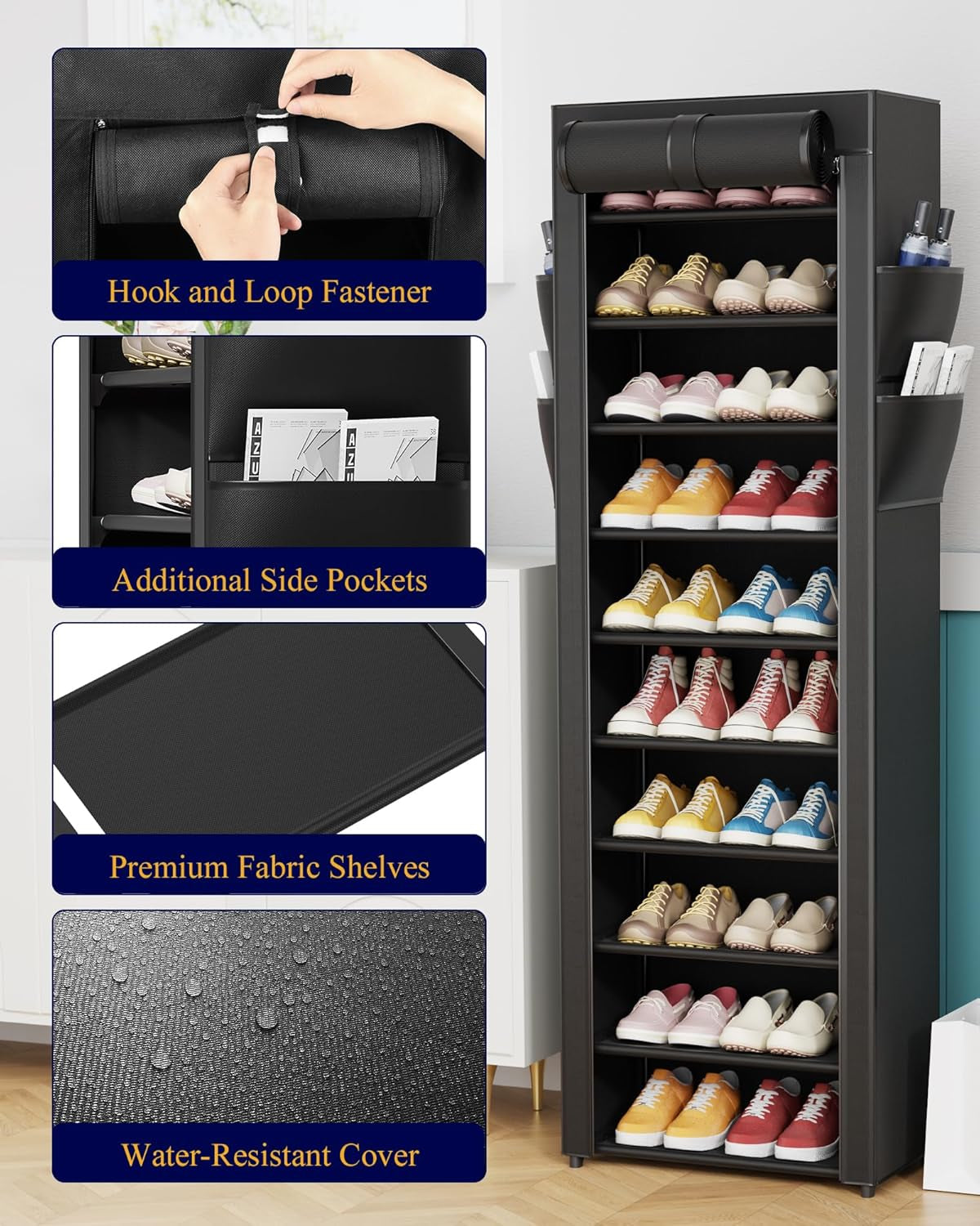 Shoe Rack - 10-Tier Large Capacity Shoe Organizer Shelf with Dust Cover & Side Pockets, Rust-Proof Metal Shoe Rack for Closet, Entrance, Living Room, 17.5" X 12.4" X 69.3", Black