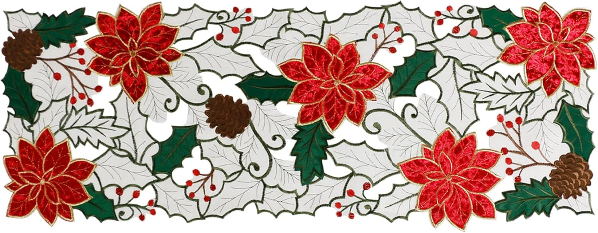 Christmas Table Runner, Embroidered Red Poinsettia Short Table Runner 36 Inches, White Textured Fabric Runner with Applique Velvet Flower for Dining Table, Holiday Table Decoration
