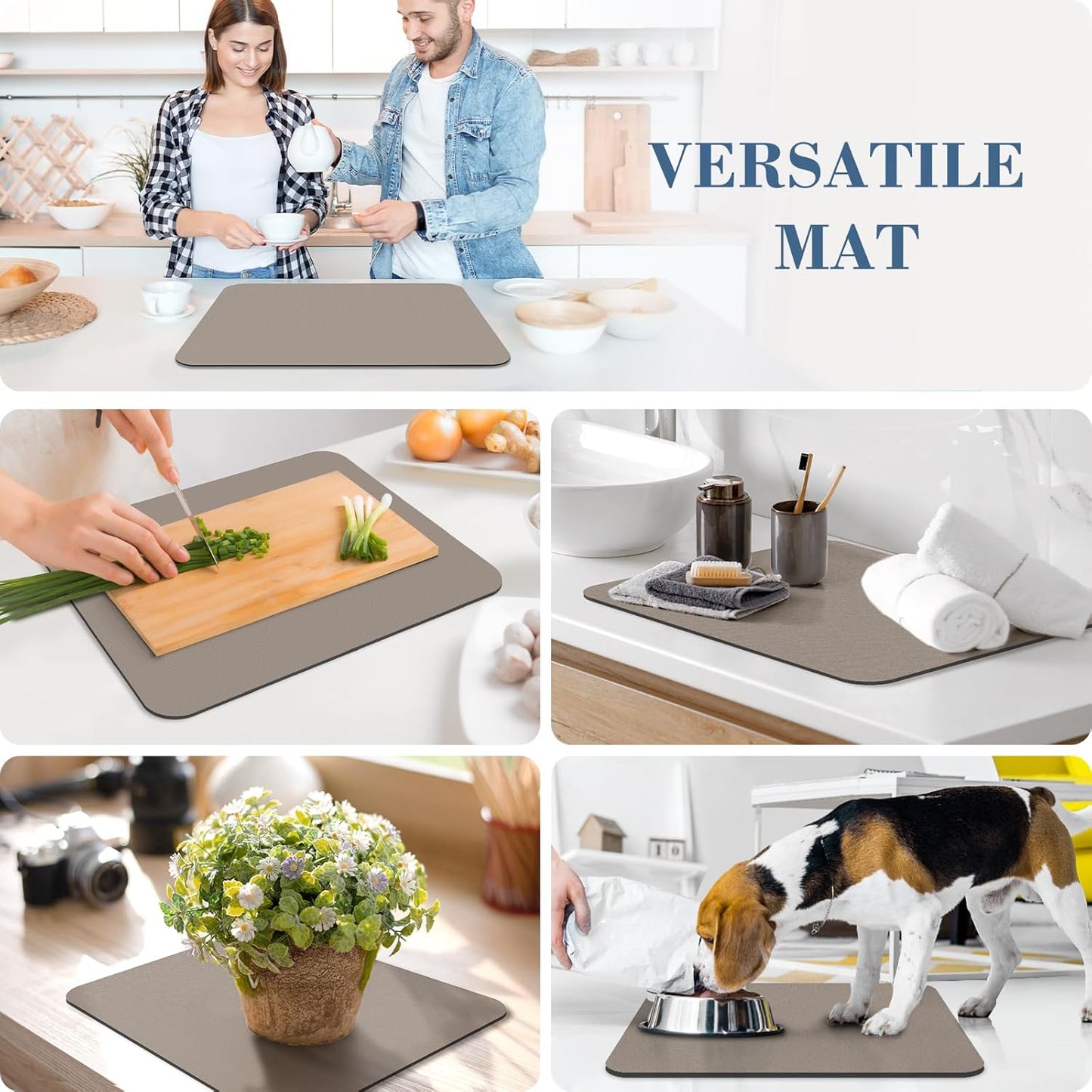 2-PACK Dish Drying Mat (15" X 18" Classic Khaki) Large Draining Mat Super Absorbent Dish Drying Mats for Kitchen Counter Rubber Backing Kitchen Drying Mat