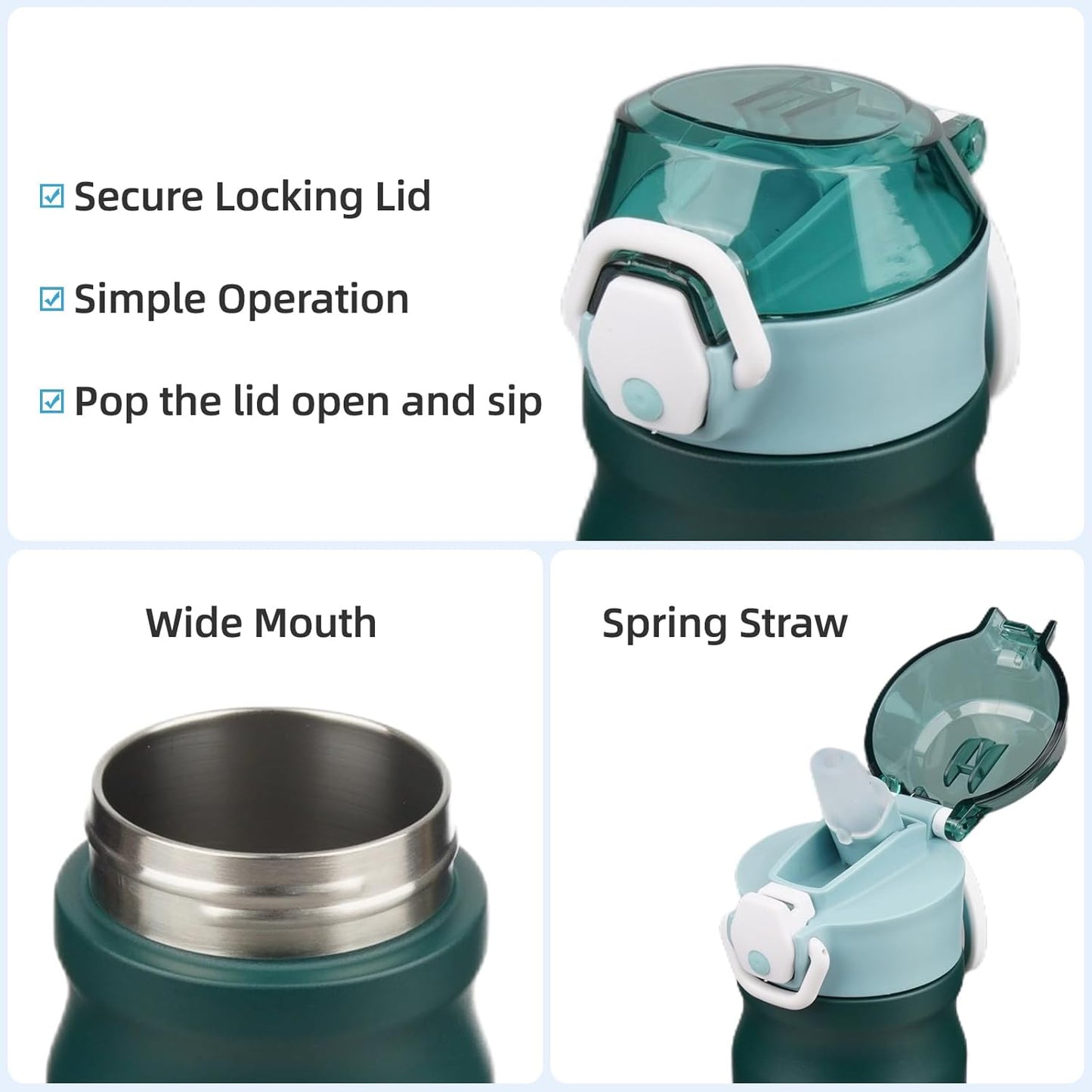 Insulated Water Bottle with Straw and Carry Loop,18 Oz Stainless Steel Double Wall Vaccum Metal Water Flask with Leak-Proof Lid,Dark Green