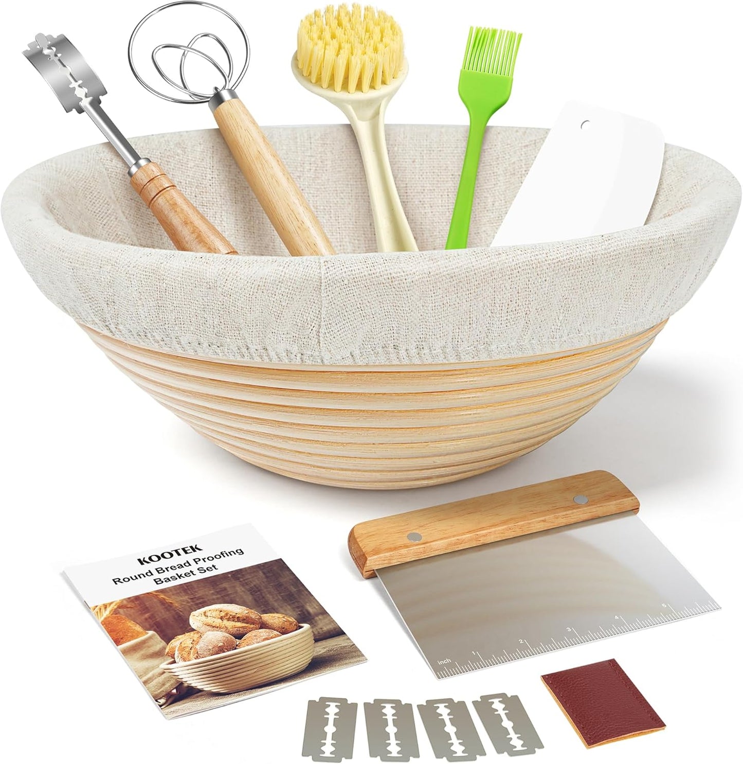 Banneton Bread Proofing Basket Set, 9 Inch round Sourdough Starter Kit, Baking Supplies Tools with Dough Whisk, Scoring Lame, and Other Accessories for Artisan Bread Making