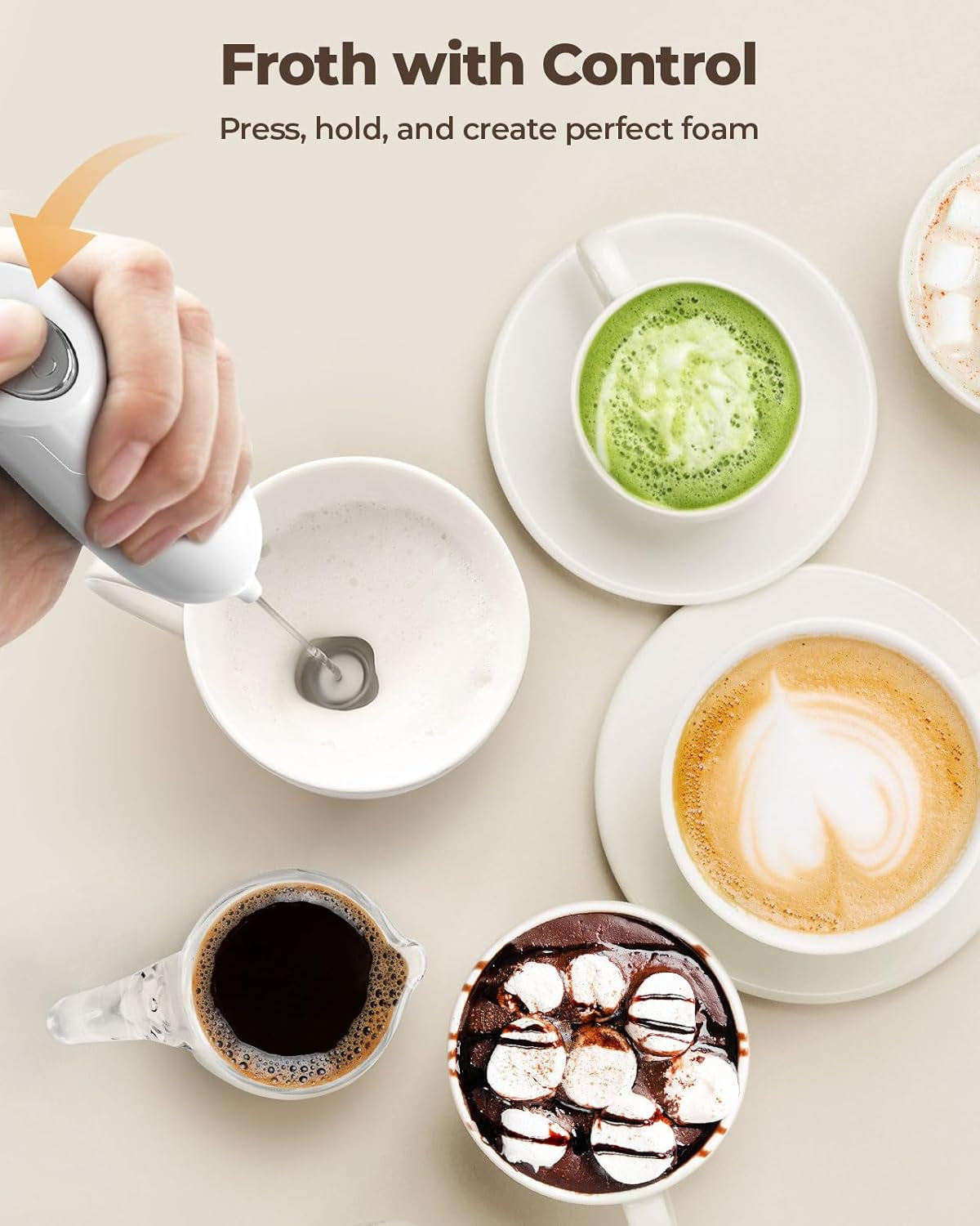 Milk Frother Handheld Battery Operated Electric Foam Maker, White Drink Mixer with Stainless Steel Whisk for Cappuccino, Bulletproof Coffee, Latte