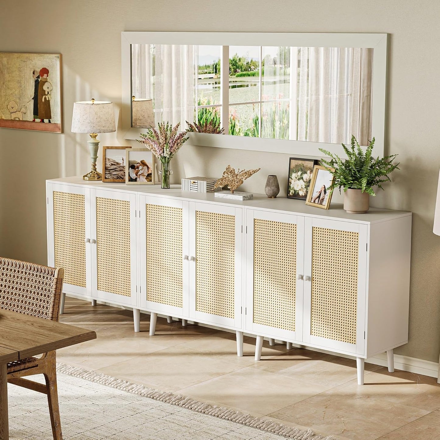 Buffet Cabinet with Storage and PE Rattan Decorative Doors, Featuring Solid Wood Legs for Hallway, Entryway, and Living Room - White Finish