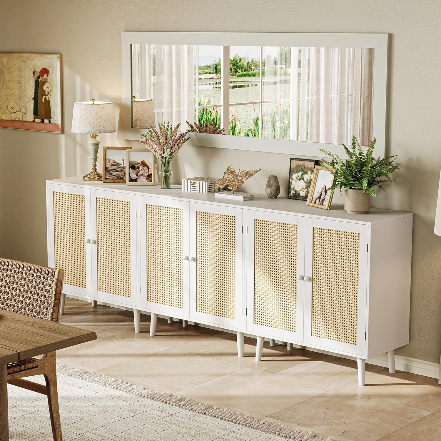 Buffet Cabinet with Storage and PE Rattan Decorative Doors, Featuring Solid Wood Legs for Hallway, Entryway, and Living Room - White Finish