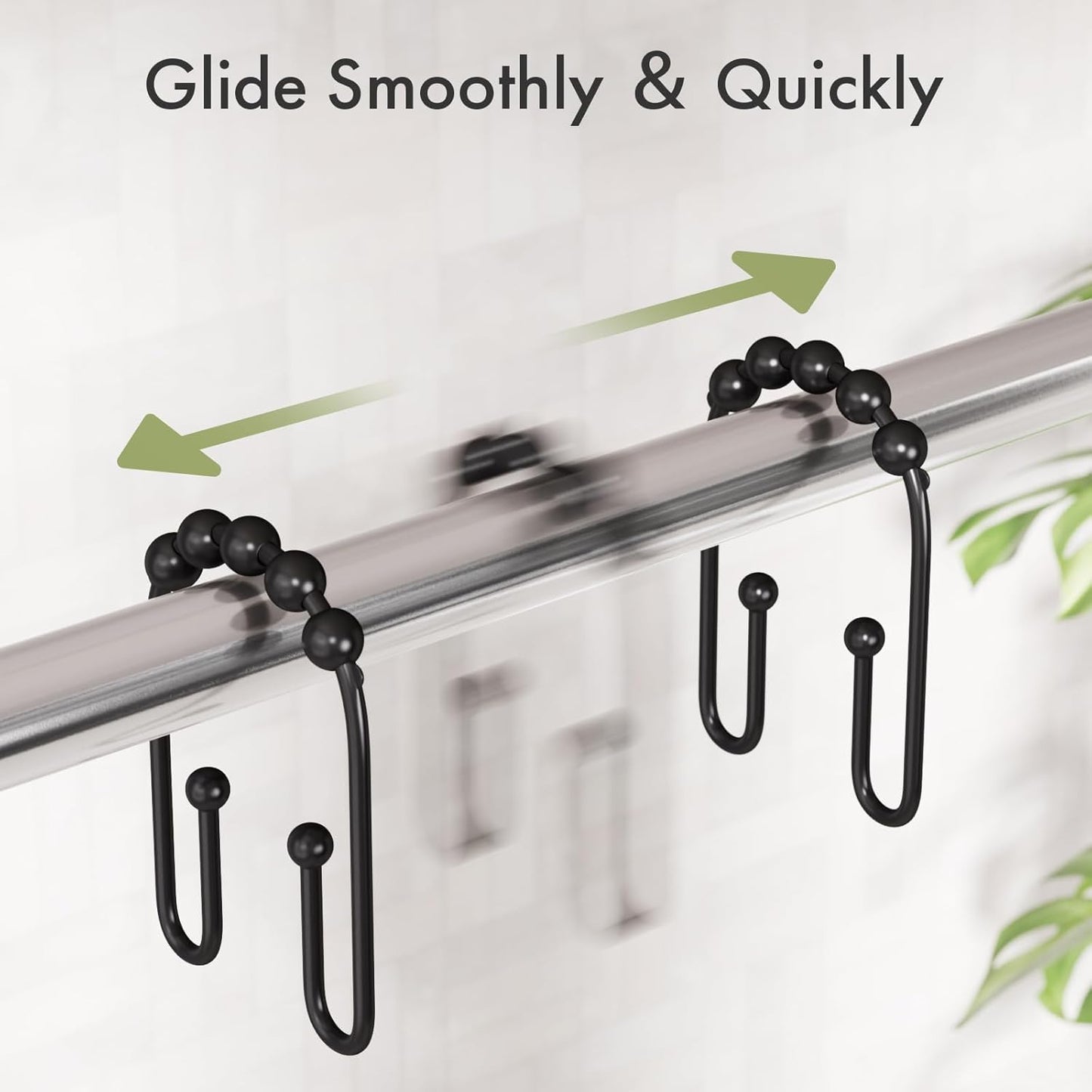 Shower Curtain Hooks, Black Rust Proof Non-Slip Double Hooks for Shower Curtain, Sturdy Metal Rings Bathroom 12Pcs