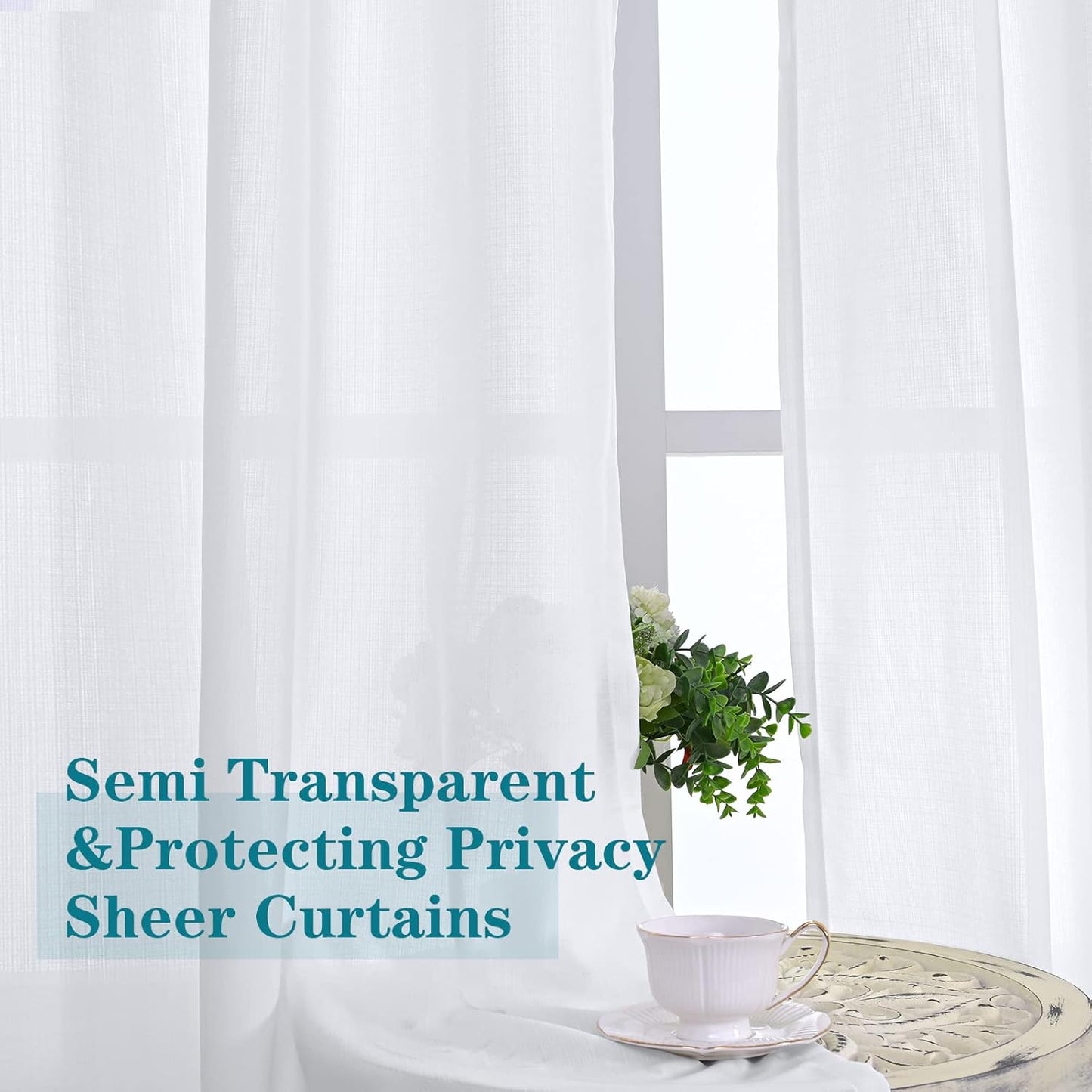 White Sheer Curtains 63 Inch Length 2 Panels for Bedroom, Light Filtering Linen Semi Sheer Privacy Curtains Grommet Opaque Textured Casual Drapes for Living Room, 52 X 63 Inch