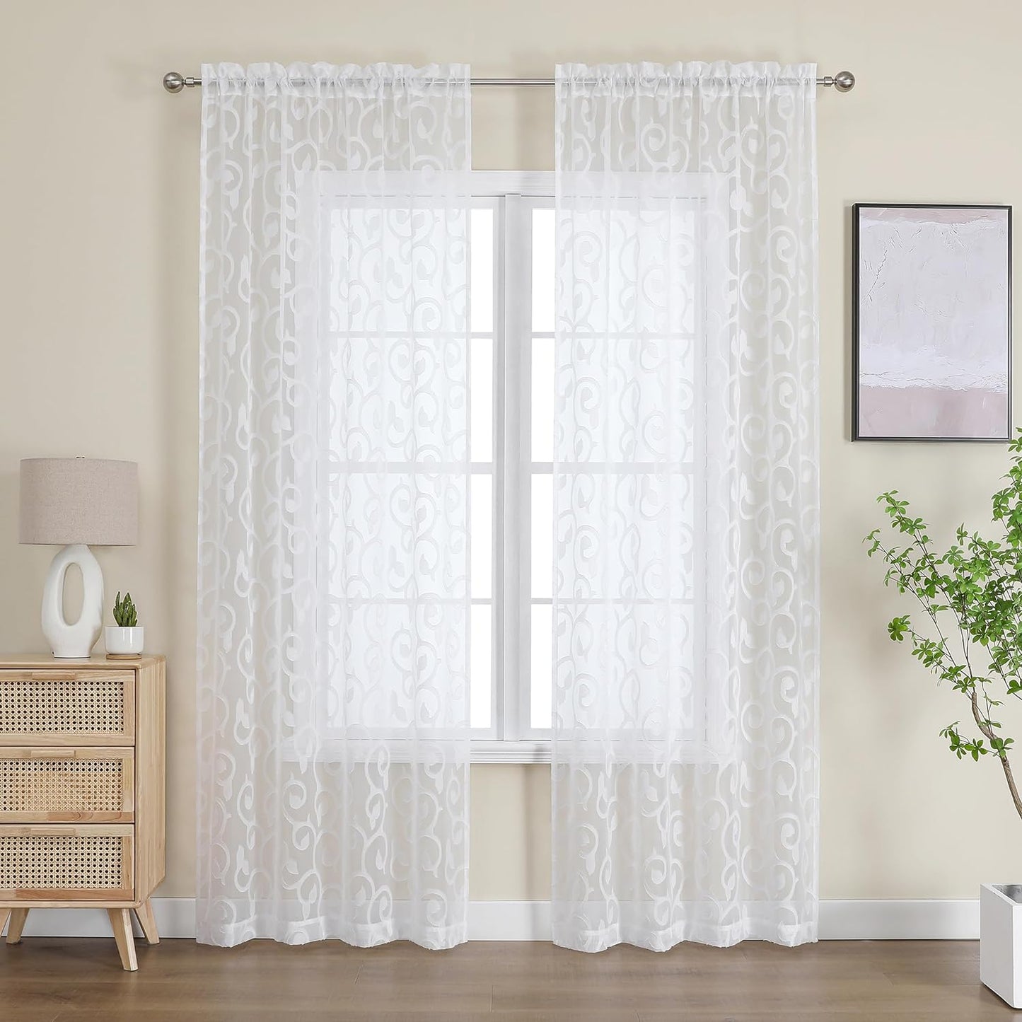 Furman Sheer White Curtains 84 Inches Long for Bedroom Living Room 2 Panels Set, White Curtains Jacquard Clip Light Filtering Semi Sheer Curtain Rod Pocket Window Drapes, 2 Pcs Each 40 W 84 L