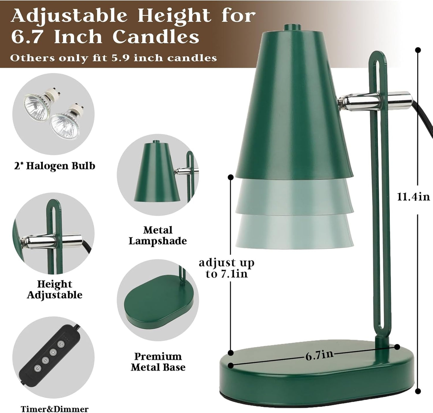 Green Candle Warmer Lamp with Timer, Adjustable Dimmable Candle Lamp Warmer, Candle Lamp with 2 Bulbs for Jar Candles & Scented Wax, Lamp Candle Warmer, Candle Warming Lamp for Bedroom Living Room