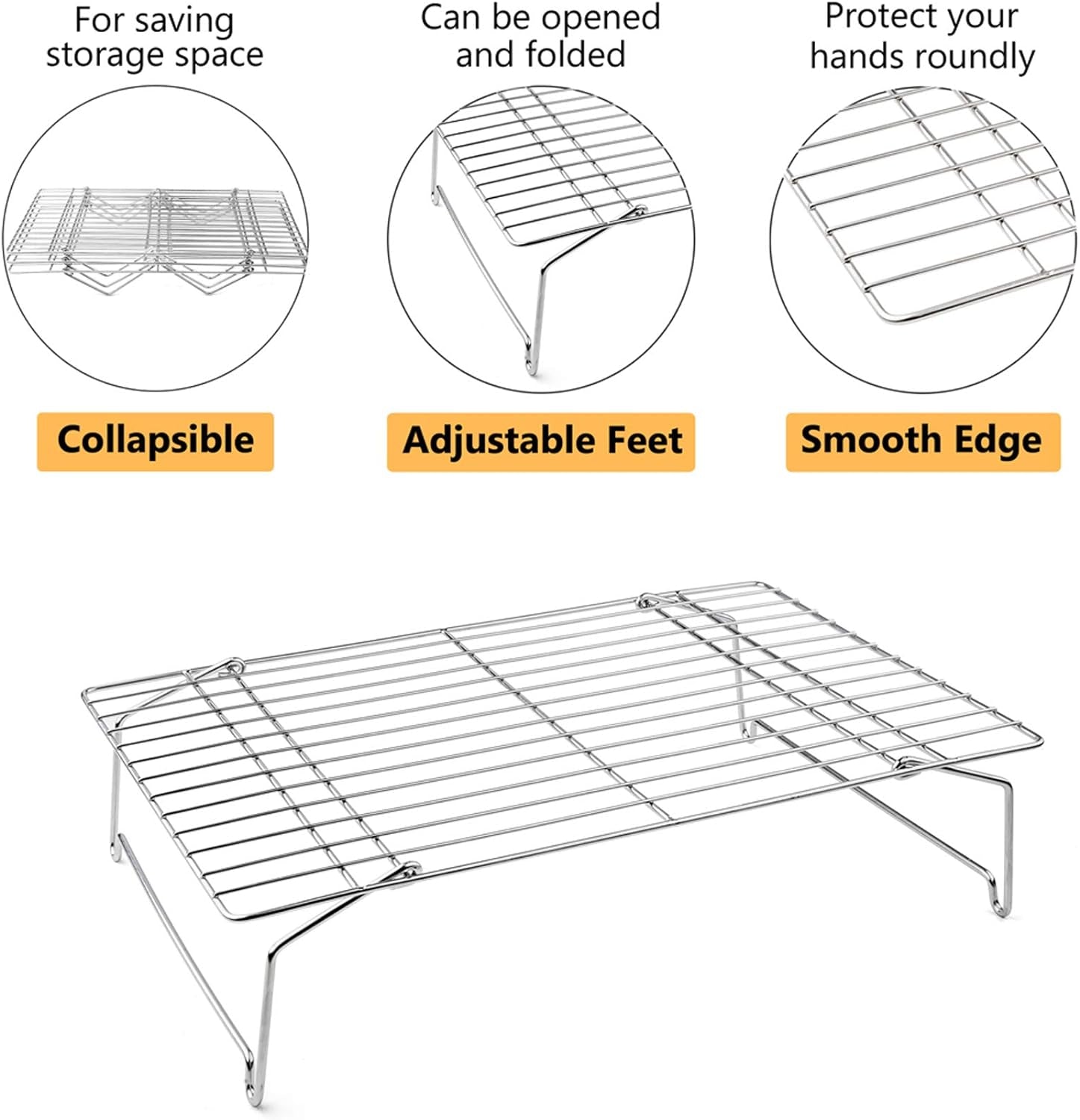 4-Tier Cooling Rack Set, Stainless Steel Stackable Baking Cooking Racks for Cooling Roasting Cooking, Raised & Folding Feet, Oven Safe & Easy Clean, 15" X 10", Silver