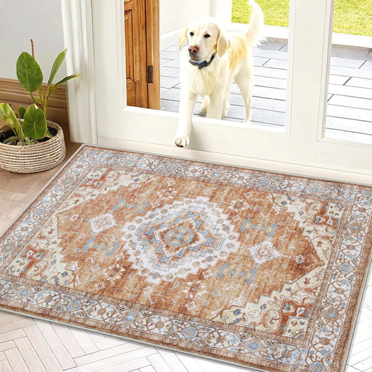 Area Rugs for Living Room Bedroom, Machine Washable 2X3 Vintage Rug, Soft Plush Bedside Floor Carpet for Farmhouse Nursery Kitchen Laundry Home Decor, Rust/Orange