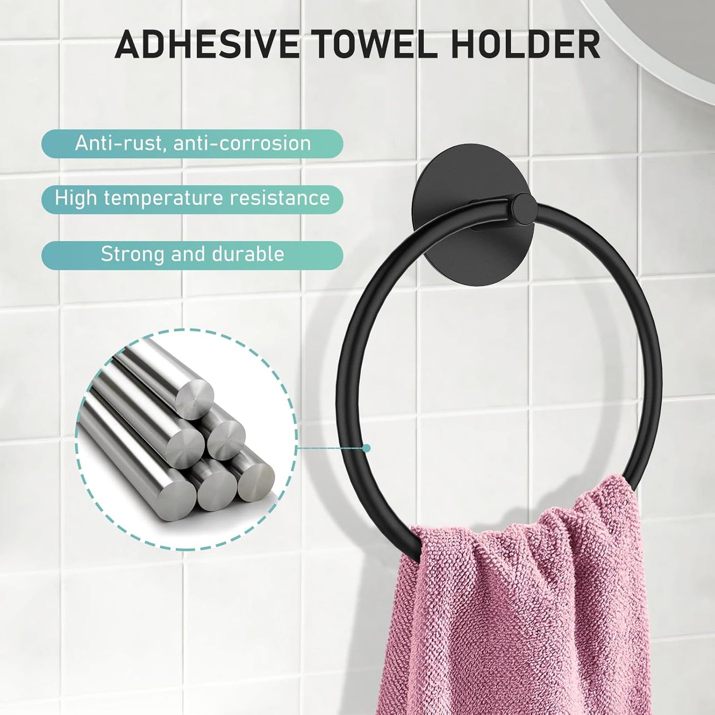 Adhesive Towel Holder for Bathroom Wall Matte Black Hand Towel Ring Stainless Steel Towel Hanger for Bathroom, Kitchen