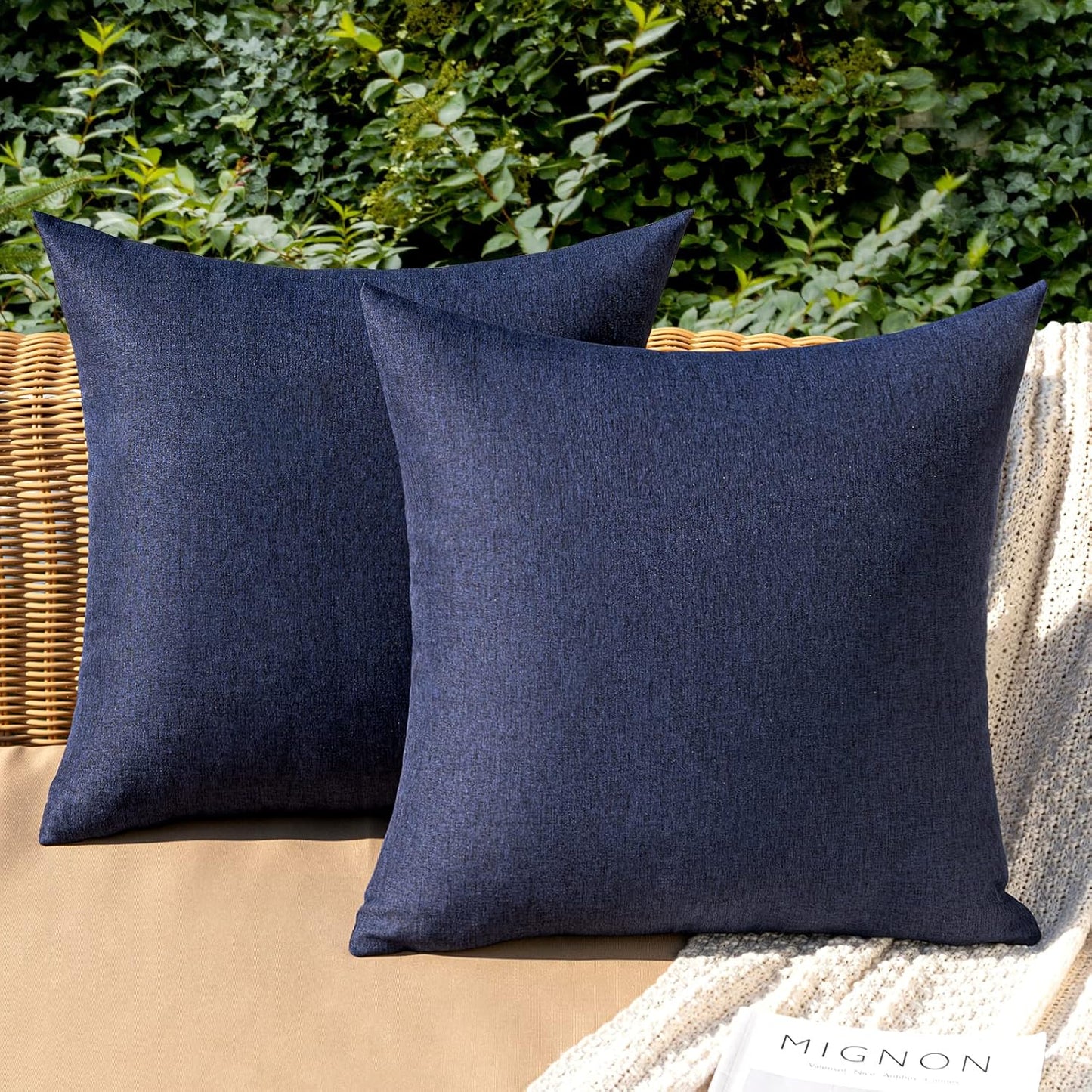 Pack of 2 Decorative Outdoor Solid Waterproof Throw Pillow Covers Faux Linen Garden Farmhouse Cushion Cases for Summer Patio Tent Balcony Couch Sofa 18X18 Inch Navy