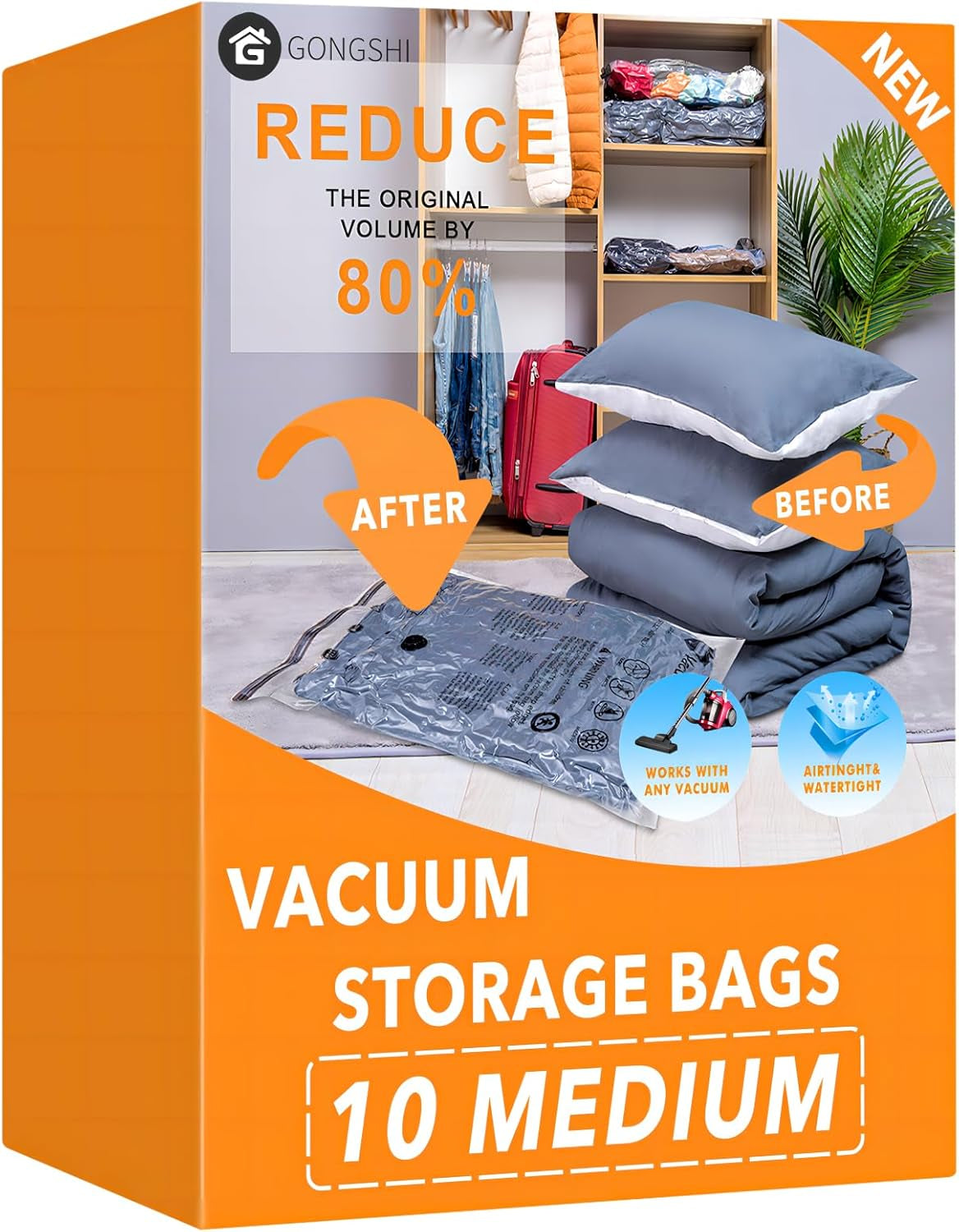 10 Medium Vacuum Storage Bags, Space Saver Sealer Compression Bags for Blankets, Comforters, Pillows, Clothes Storage