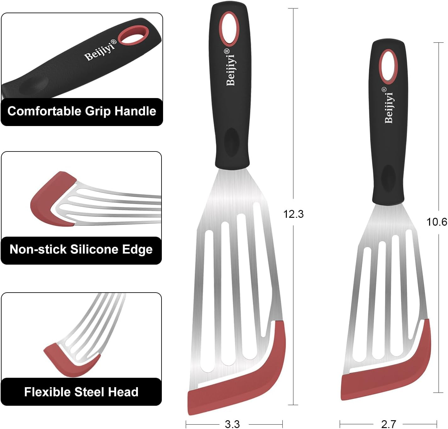 Fish Spatula Turner Set of 2, Heat Resistant Silicone Edge Slotted Fish Spatulas for Nonstick Cookware, Flexible and Thin Stainless Steel Kitchen Cooking Spatula Flipper for Fish, Egg, Pancake