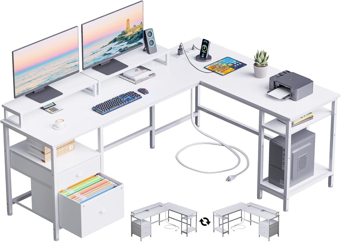 66” L Shaped Desk with Power Outlet, Reversible Computer Gaming Desk with File Drawer & 2 Monitor Stands for Home Office with Storage Shelves, White