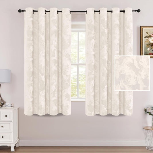 Velvet Curtains 63 Inches 2 Panels Luxury Room Darkening Curtains for Bedroom Floral Leaf Pattern Curtain Thermal Insulated Grommet Window Drapes, W52 X L63 Inches, Ivory