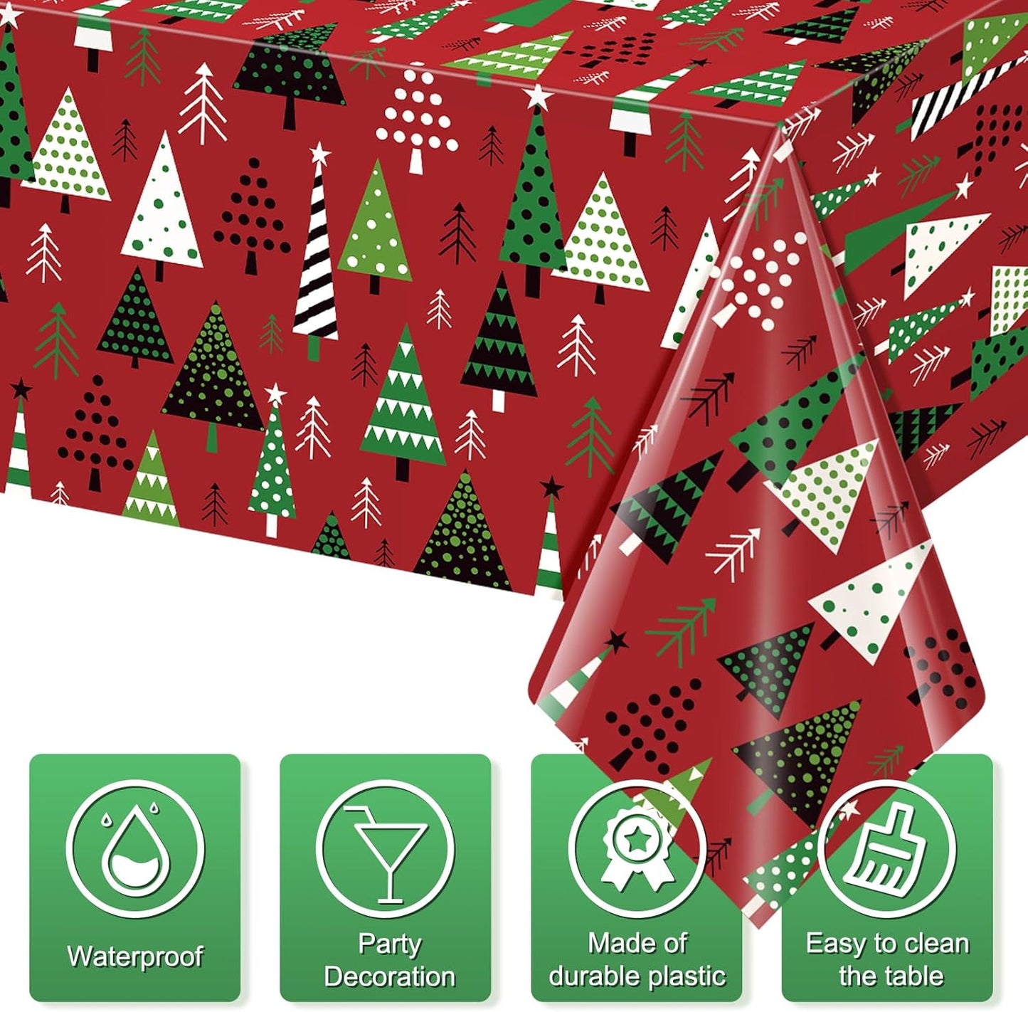 3 Pack Christmas Tree Table Cloth for Rectangle Table, Red Green Xmas Disposable Plastic Table Cover Waterproof Christmas Table Decorations for Winter Holiday New Year Party Supplies, 54X108 Inch