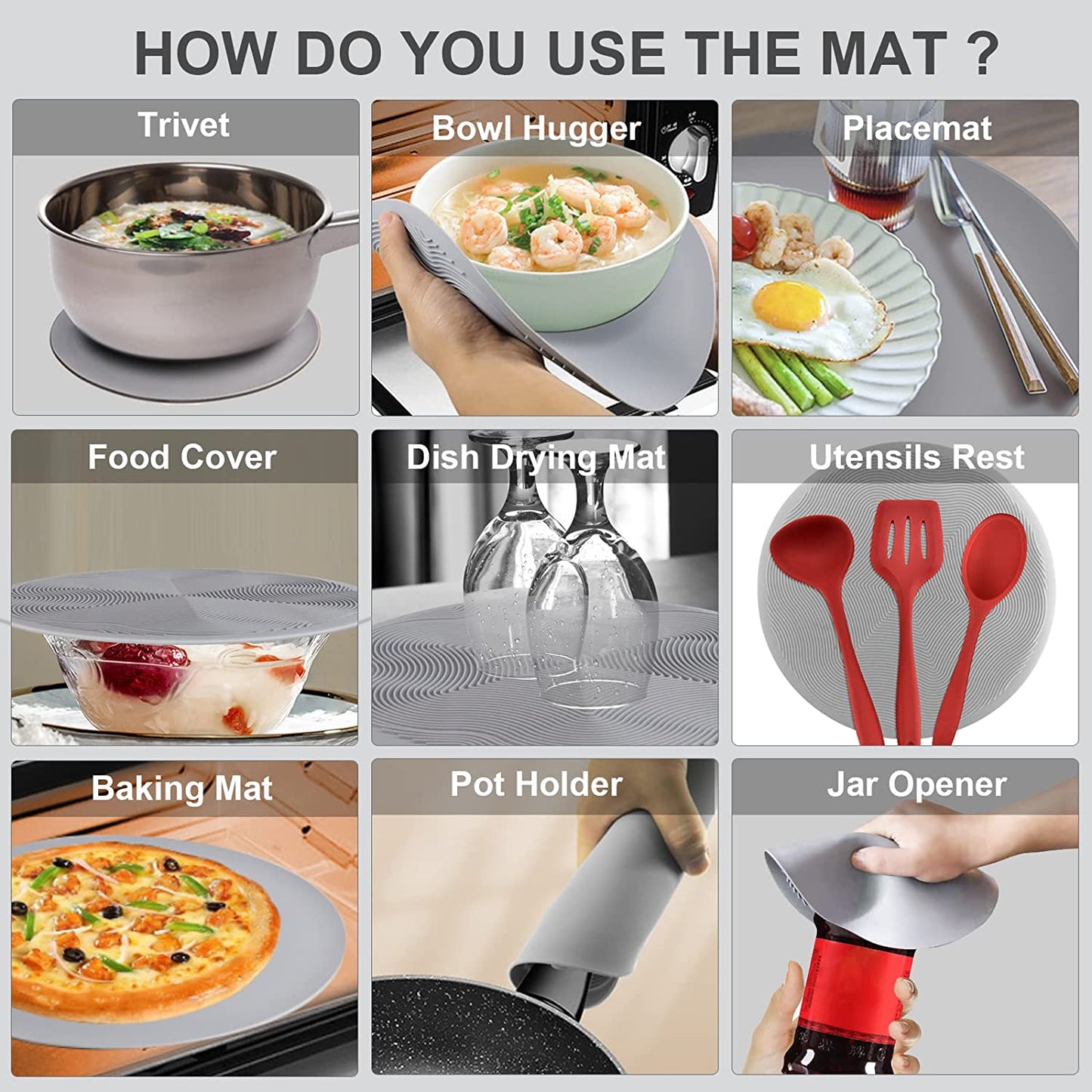 2 in 1,  Microwave Place Mat & Food Cover- Mat as Bowl Holder, for Splatter Guard, Multi-Use: Silicone Trivet, Pot Holders, Drying, Baking, Utensils Rest for Kitchen Counter, Grey