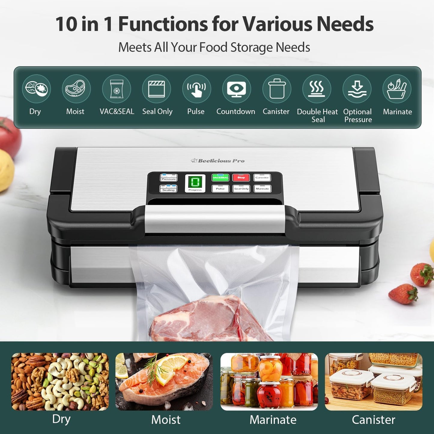 Vacuum Sealer Machine, Aqualock Series 2X Seal&130W Full Automatic Food Sealer, Powerful Food Preservation System with Handle, Built-In Cutter&Bags Storage&Hose, 2 Bags Rolls, Stainless Steel