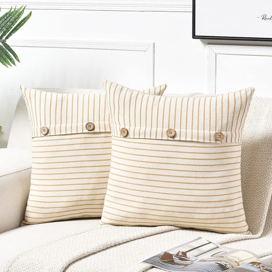 2 Packs Farmhouse Neutral Tan Decorative Throw Pillow Covers 18X18 Inch with Triple Buttons for Couch Bed, Vintage Boho Home Decor, Khaki Striped Linen Accent Square Cushion Case 45X45 Cm