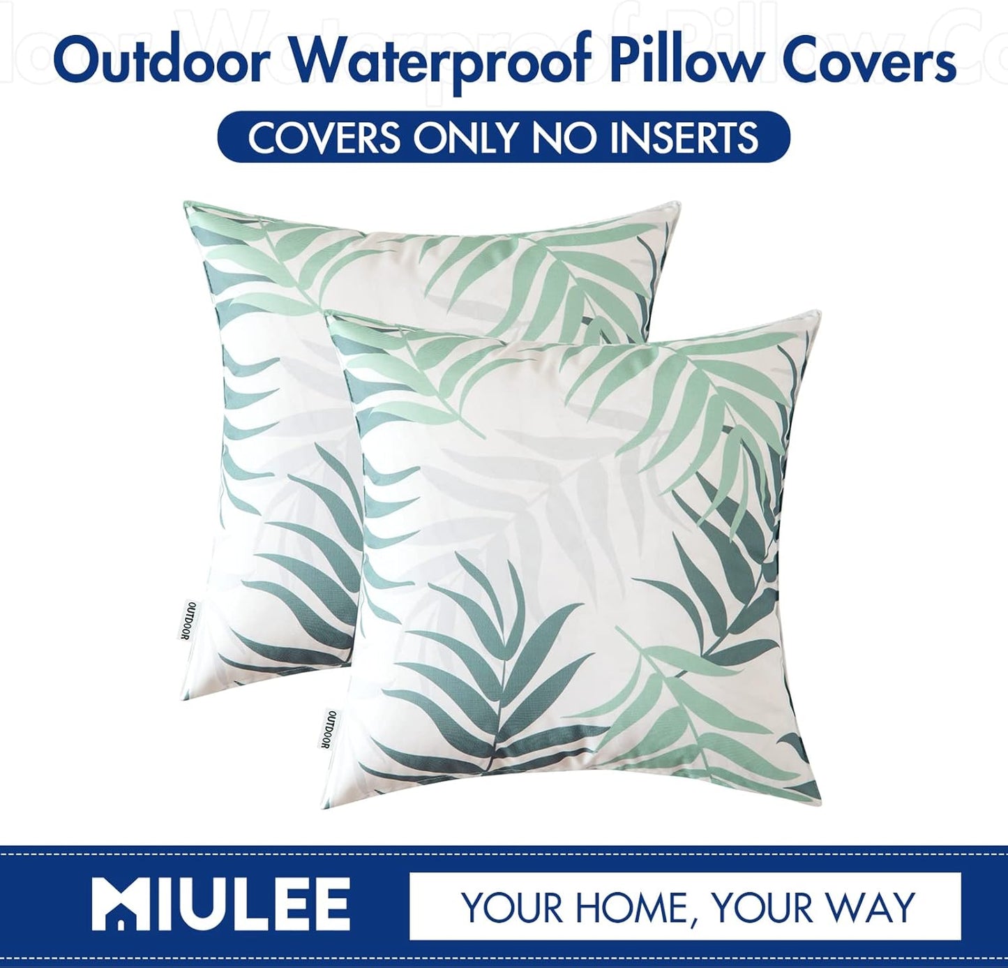 Pack of 2 Spring Outdoor Waterproof Throw Pillow Covers Decorative Patio Pillow Cases Natural Leaves Pattern Spring Square Cushion Shams Shell for Garden Balcony Couch 18X18 Inch, Greyish Green