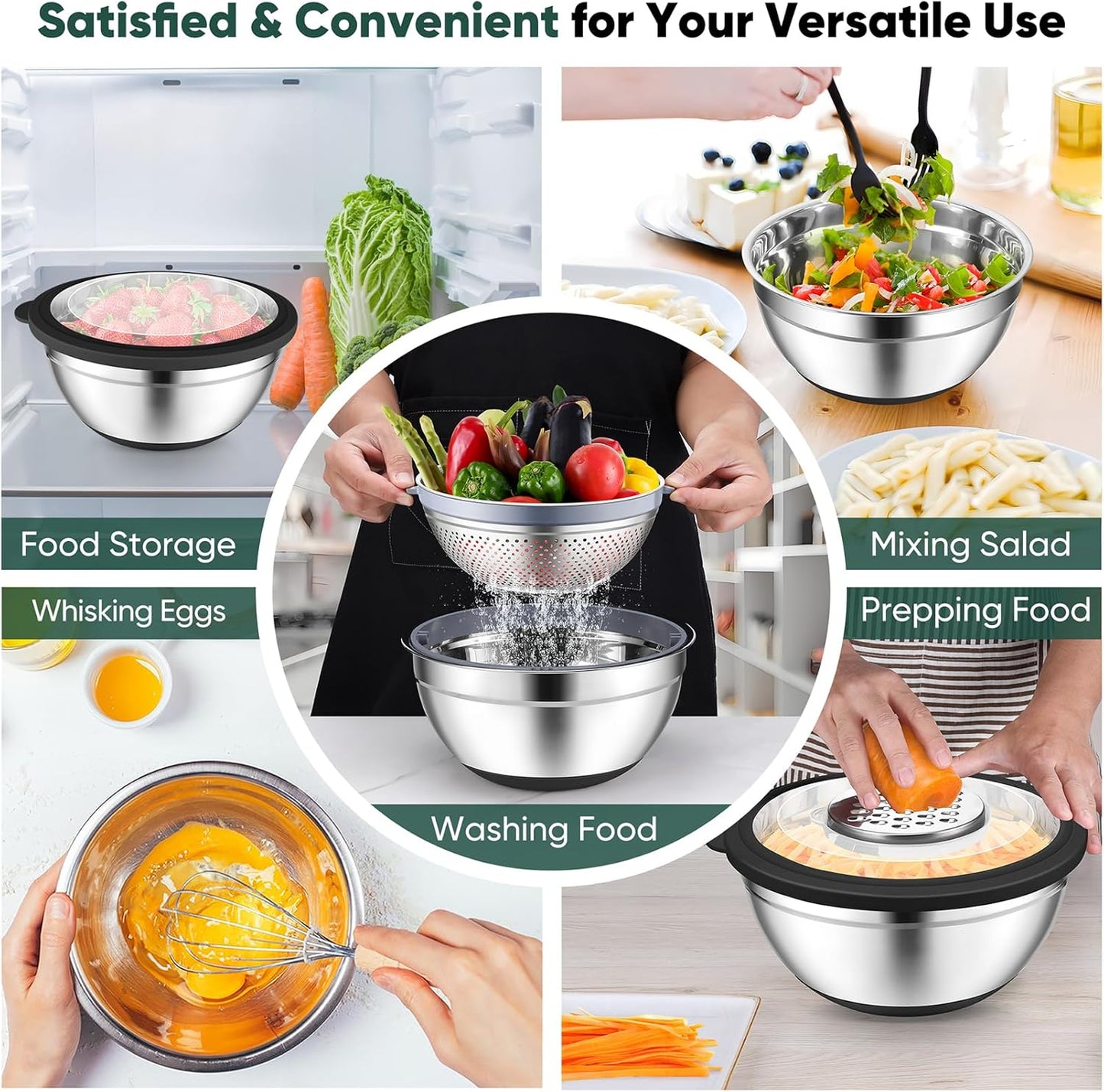Mixing Bowls with Lids Set of 3, Stainless Steel Mixing Bowl and Colander for Kitchen, 3 Grater Attachments & Non-Slip Bottoms, Visible & Airtight Lid, Black