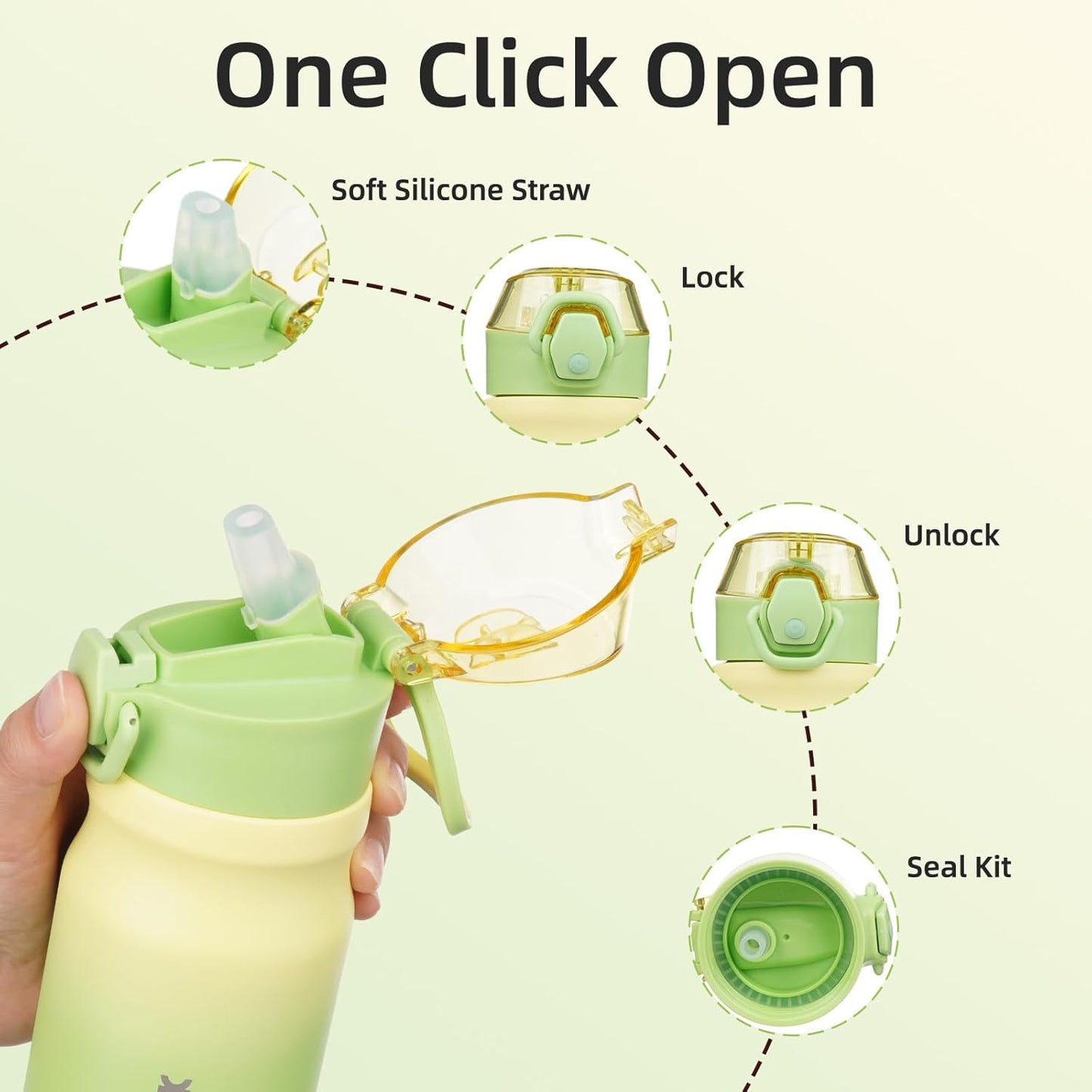 Water Bottle with Straw 14Oz Insulated Water Bottles Reusable Stainless Steel Metal Thermo with Leak Proof Lockable Lid and Carry Handle,Lime