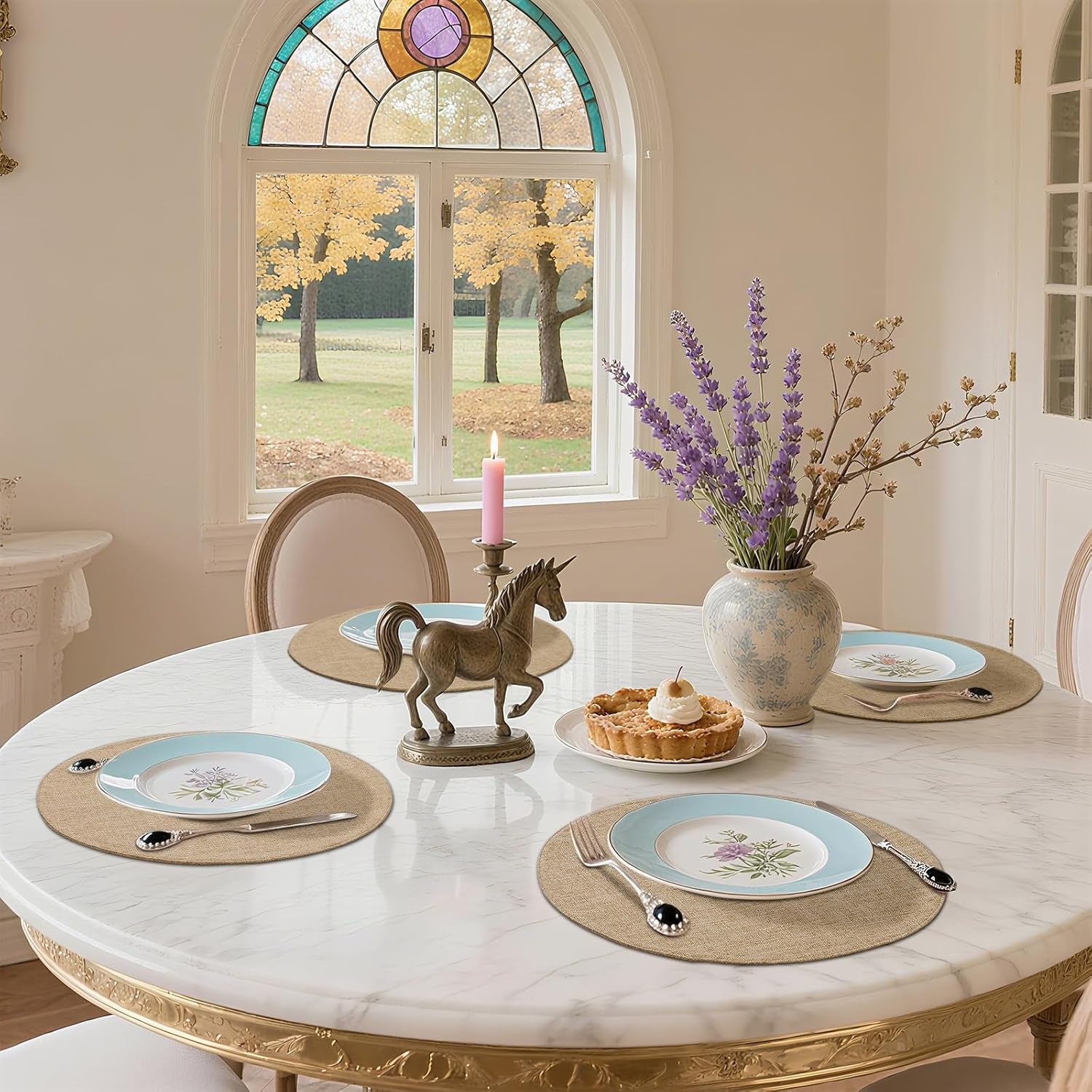 15 Inch round Cloth Placemats Set of 6, Cotton Linen Blend Washable Table Mats, Farmhouse Dining Place Mats for Indoors & Outdoors, Easy to Clean, Linen